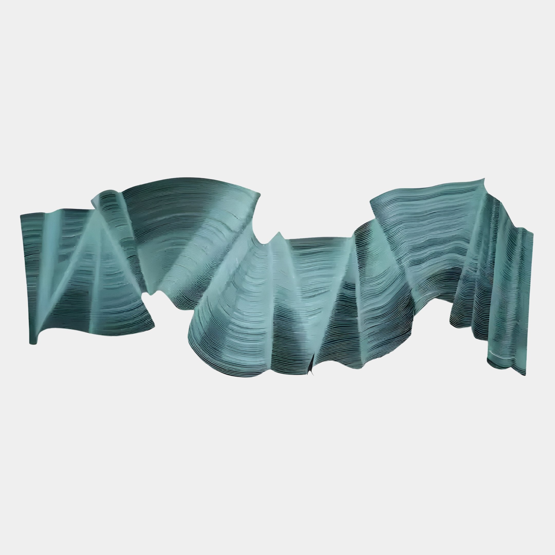 The Rollscape Aqua Cascade Enamel Decorative Wall Art by Giant Sculptures features abstract teal, folded and wavy forms for a dynamic, flowing look against a plain white background.