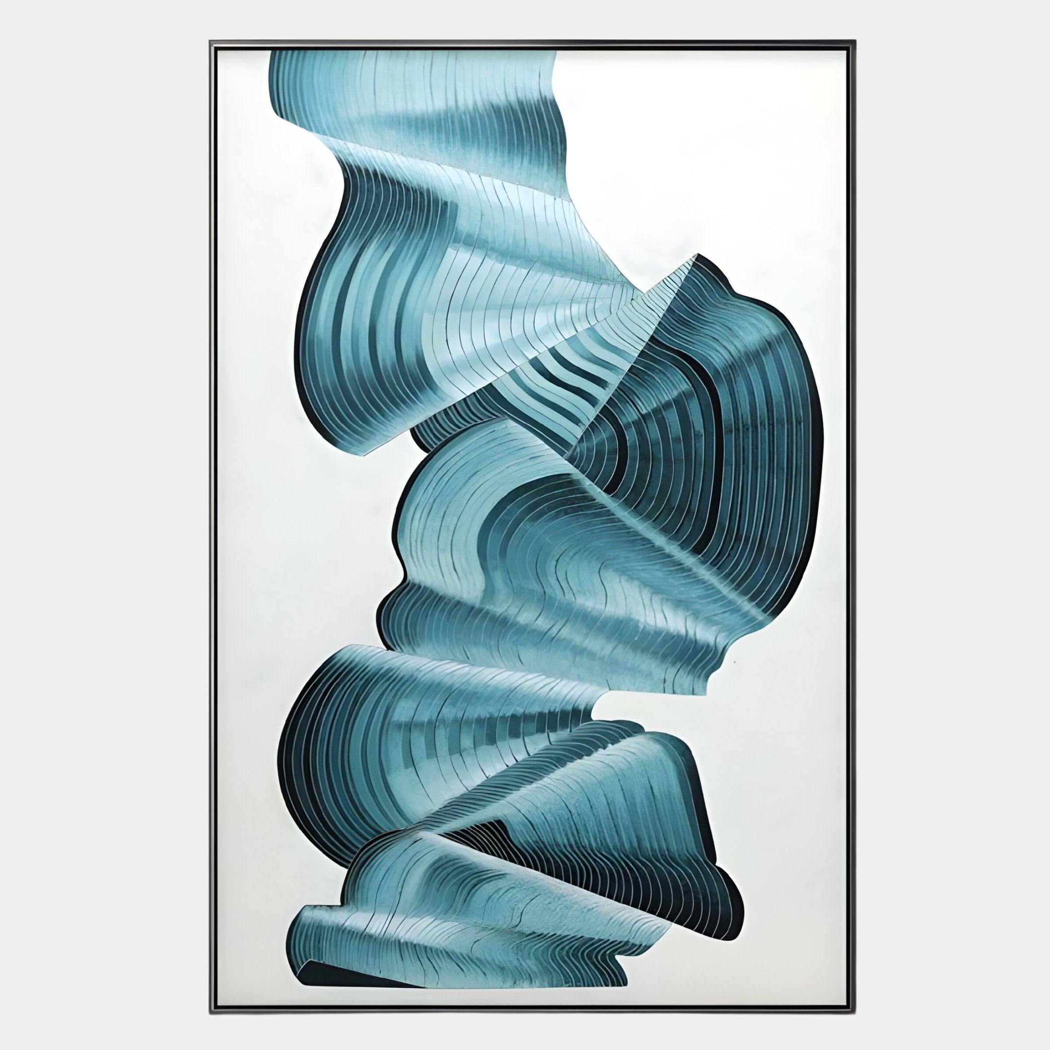 The Vortex Blue Spiral Golden Copper Wire Enamel Abstract Wall Art by Giant Sculptures features layered blue and teal curves on white, forming a dynamic spiral pattern that adds motion and depth within a sleek rectangular frame.