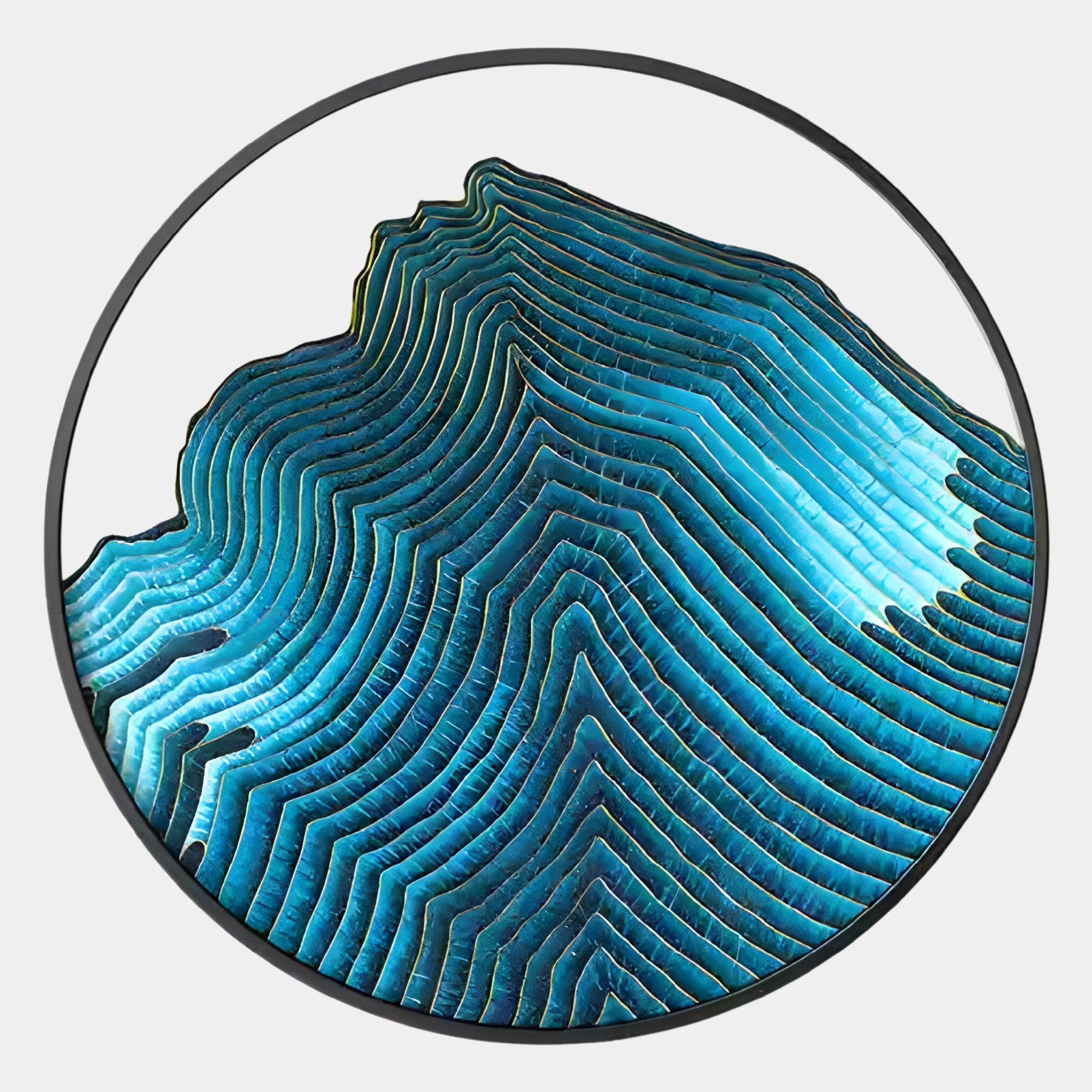 The Auric II Blue Wave Abstract Copper Wire Enamel Round Wall Art by Giant Sculptures features wavy blue lines on white, evoking topographic contours or a stylized mountain for a vibrant, striking display.