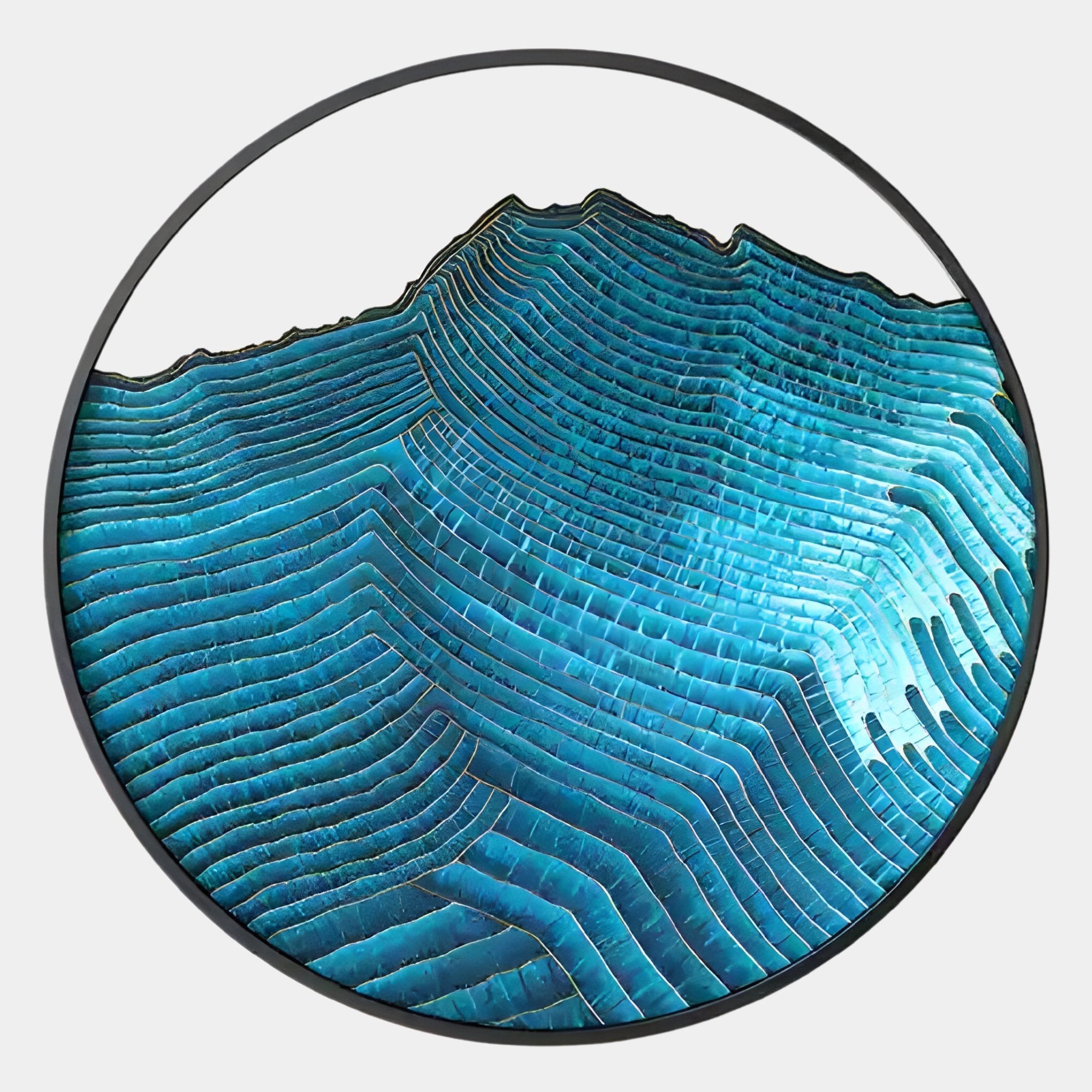 The Auric IV Blue Wave Abstract Copper Wire Enamel Round Wall Art by Giant Sculptures features layered blue and turquoise patterns, resembling a topographic map—ideal for adding a modern touch to your space.