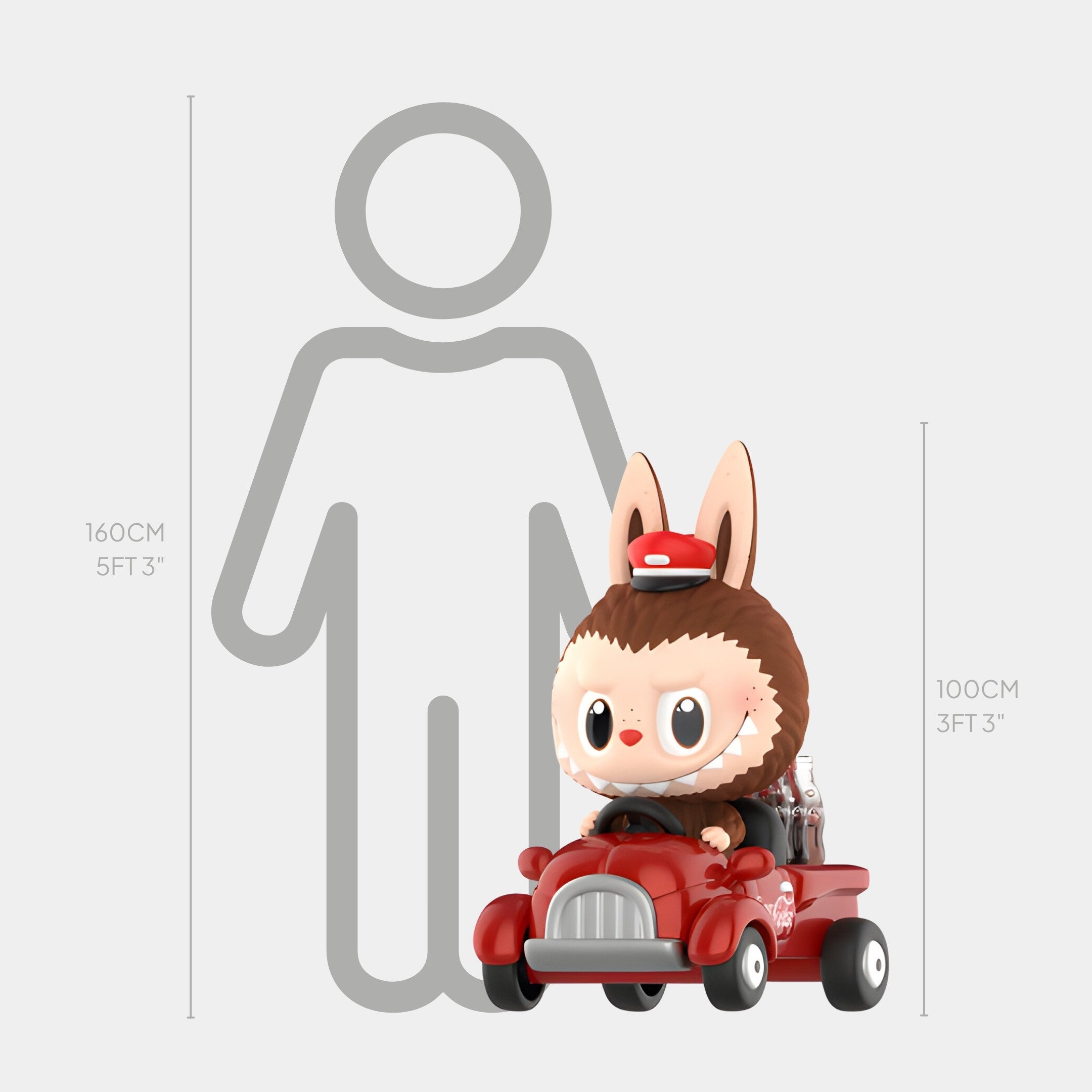The Giant Sculptures Coca-Cola Express Labubu Sculpture - 100cm features a toy figure with rabbit ears and a red hat driving a retro delivery car, shown next to a human outline with 160 cm and 100 cm height markers for scale.