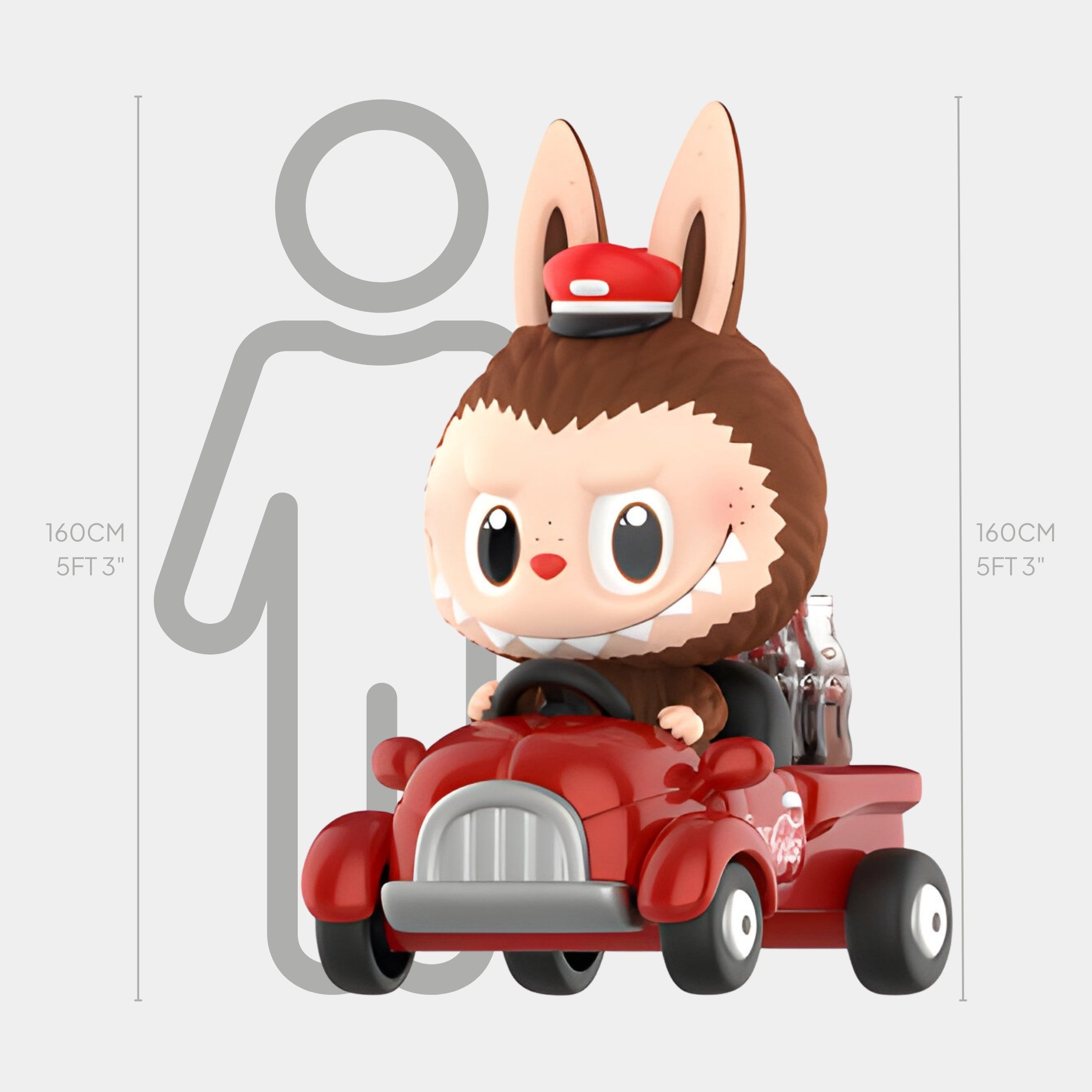 The Coca-Cola Express Labubu Sculpture by Giant Sculptures is a 160cm figure of a cartoon bunny in brown costume and red cap, driving a red delivery car with Coca-Cola bottles, shown next to a human outline also 160cm tall.