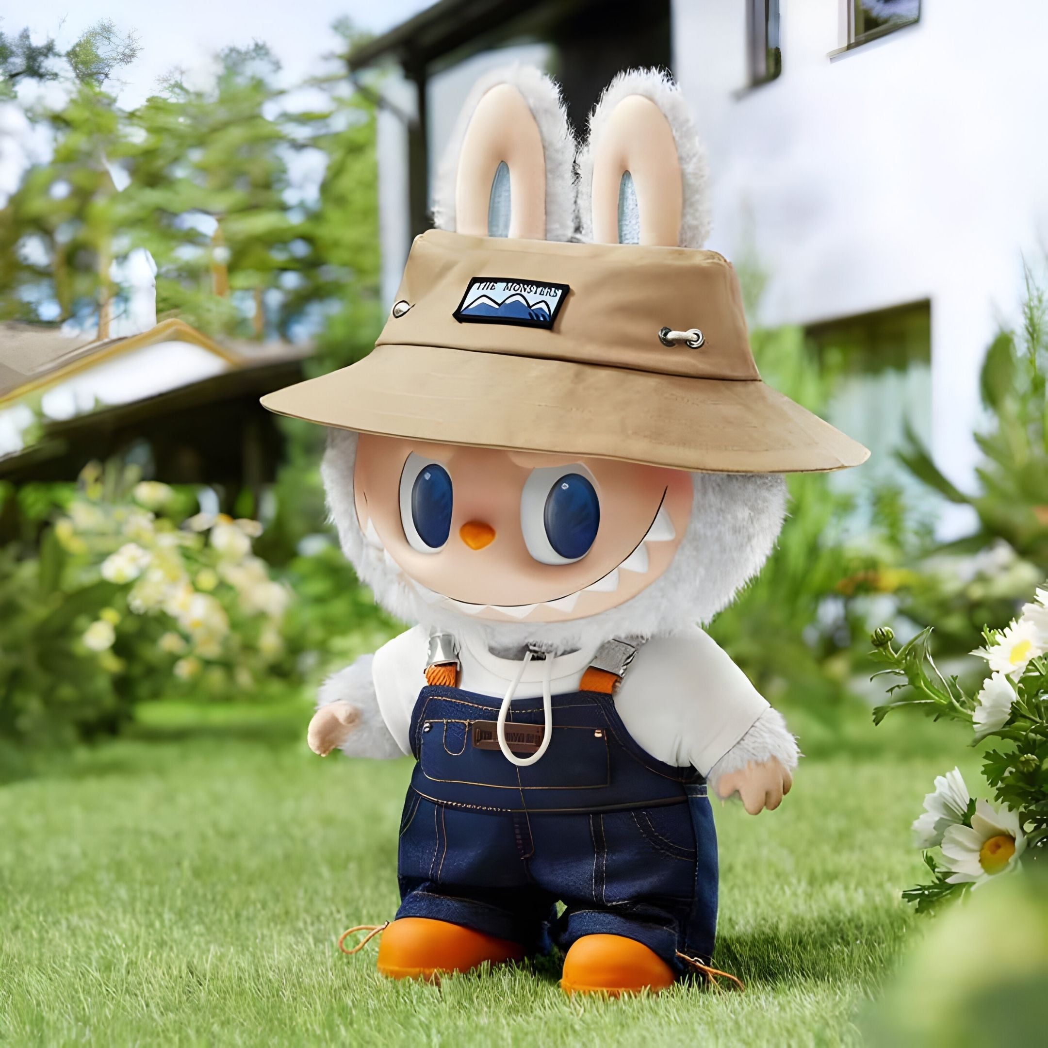 The Monster Fall In Wild Labubu Sculpture (100cm) by Giant Sculptures features a cute character with big blue eyes, bunny ears, and a wide smile, sporting a tan bucket hat, white shirt, and denim overalls amid houses and flowers outdoors.