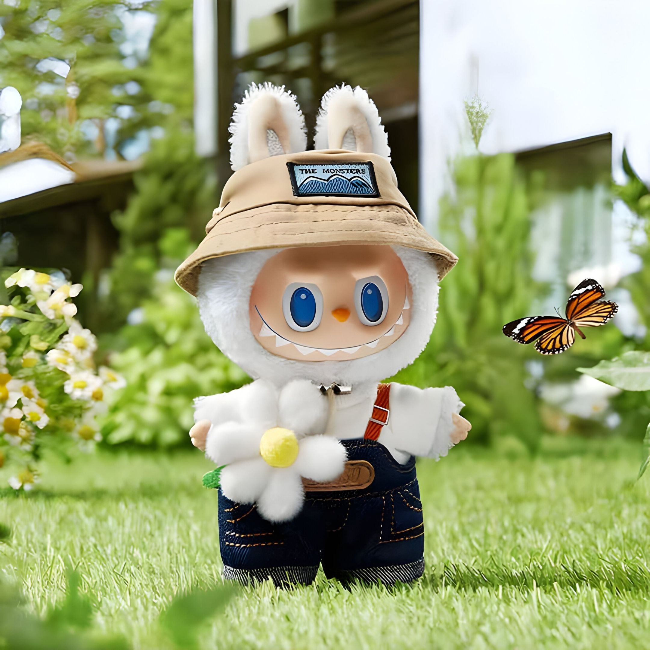 The Monster Wild Flower Labubu Sculpture - 100cm by Giant Sculptures features big blue eyes, bunny ears, a tan hat, denim overalls, and a daisy accessory—ideal for design-led interiors.