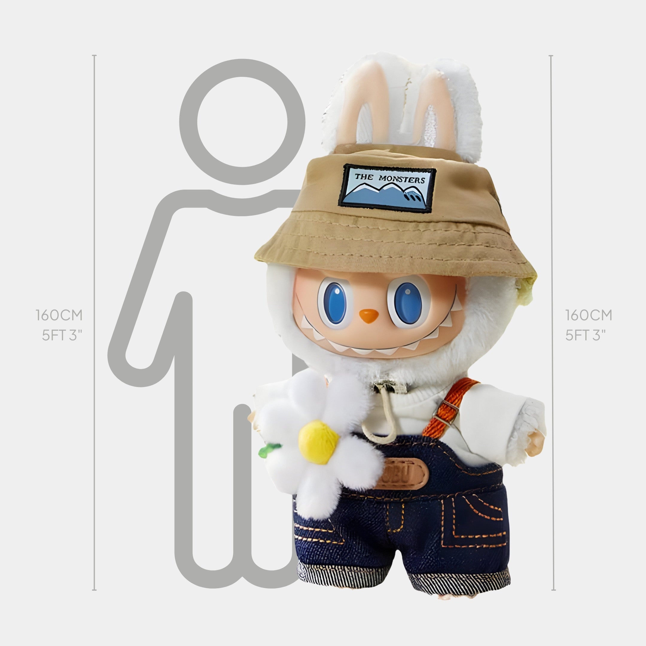 The Monster Wild Flower Labubu Sculpture by Giant Sculptures (160cm) is a plush, nature-inspired figure with blue eyes, bunny ears, a tan bucket hat, denim overalls, and a plush daisy, shown beside a 160cm human silhouette for scale.