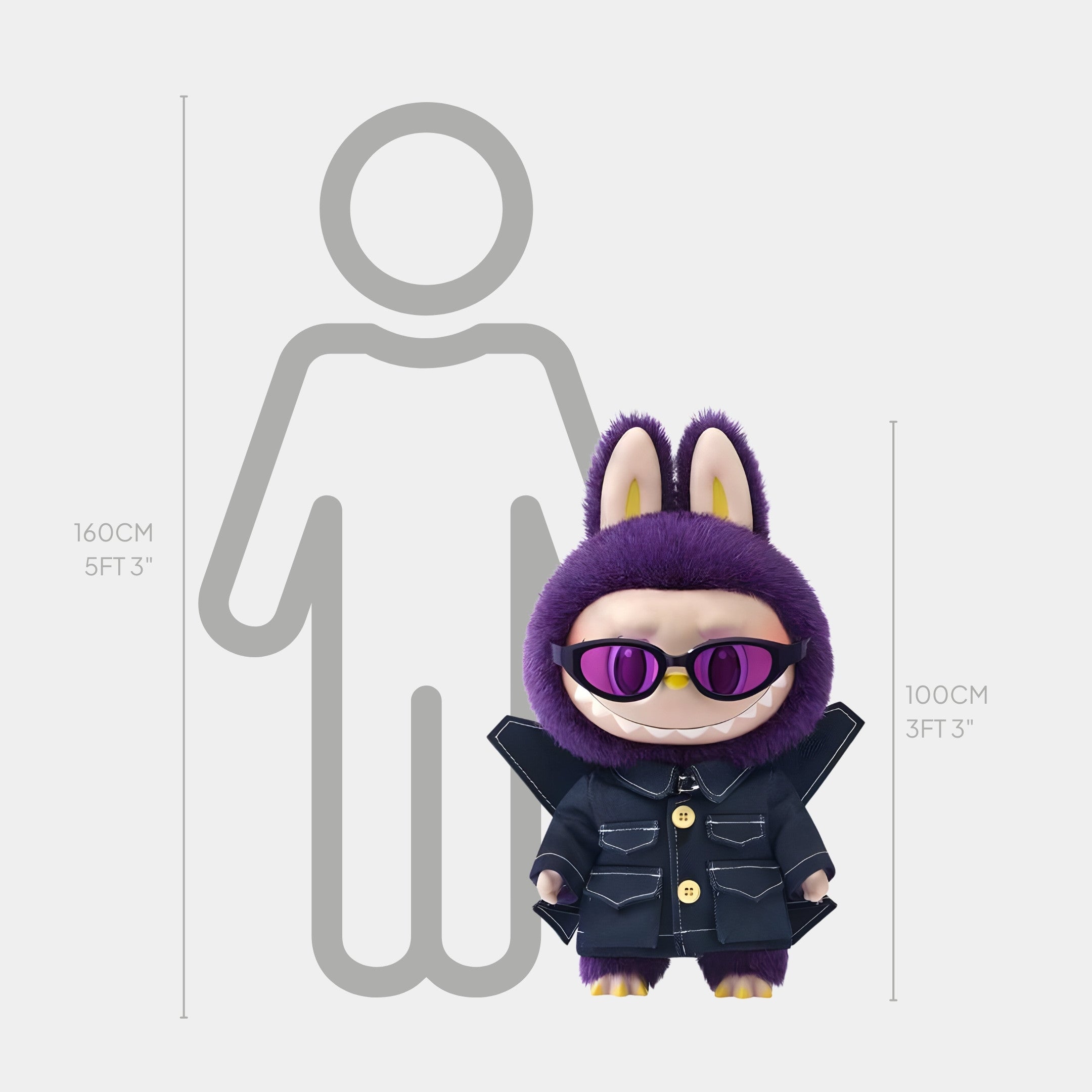The Monster Fantasy Wings Labubu Sculpture - 100cm by Giant Sculptures sports purple bunny ears, sunglasses, and a black coat, shown before a chart comparing its 100 cm height to an average persons 160 cm (5 ft 3 in).