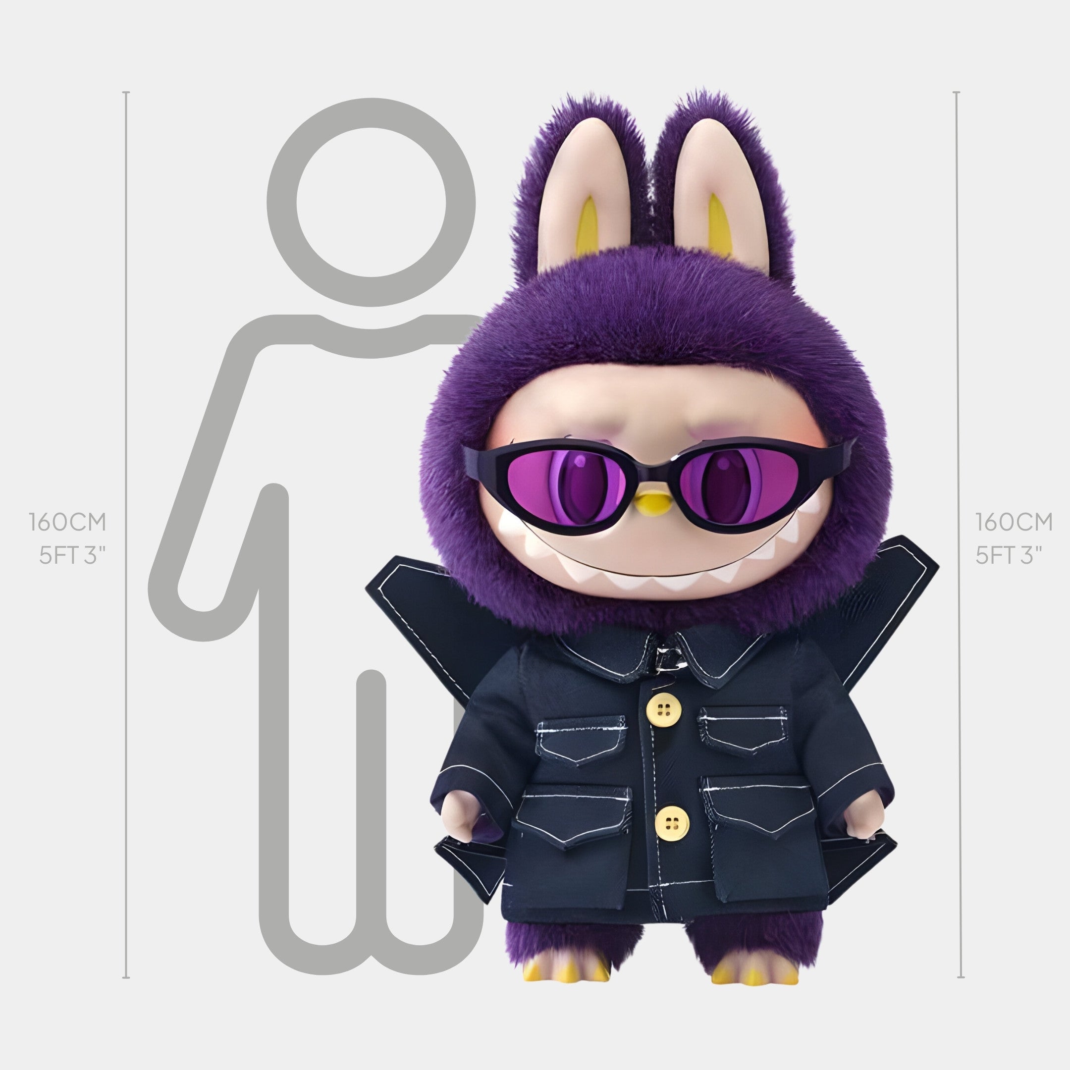 The Monster Fantasy Wings Labubu Sculpture by Giant Sculptures stands 160 cm tall and features bunny ears, sunglasses, and a black jacket. It’s shown with a gray human outline (also 160 cm) for size comparison.