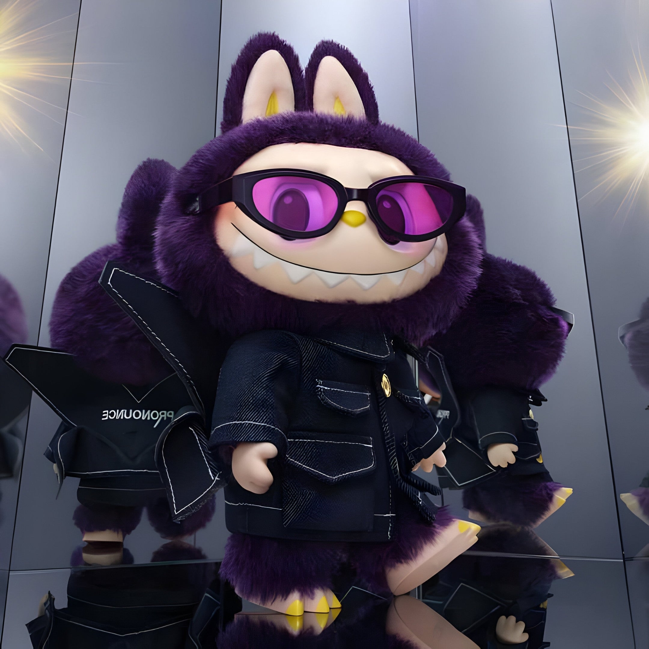 The Monster Fantasy Wings Labubu Sculpture by Giant Sculptures stands 100cm tall with purple fur, large bunny ears, sunglasses, and a black outfit, exuding streetwear attitude as its bold image reflects in mirrored walls.