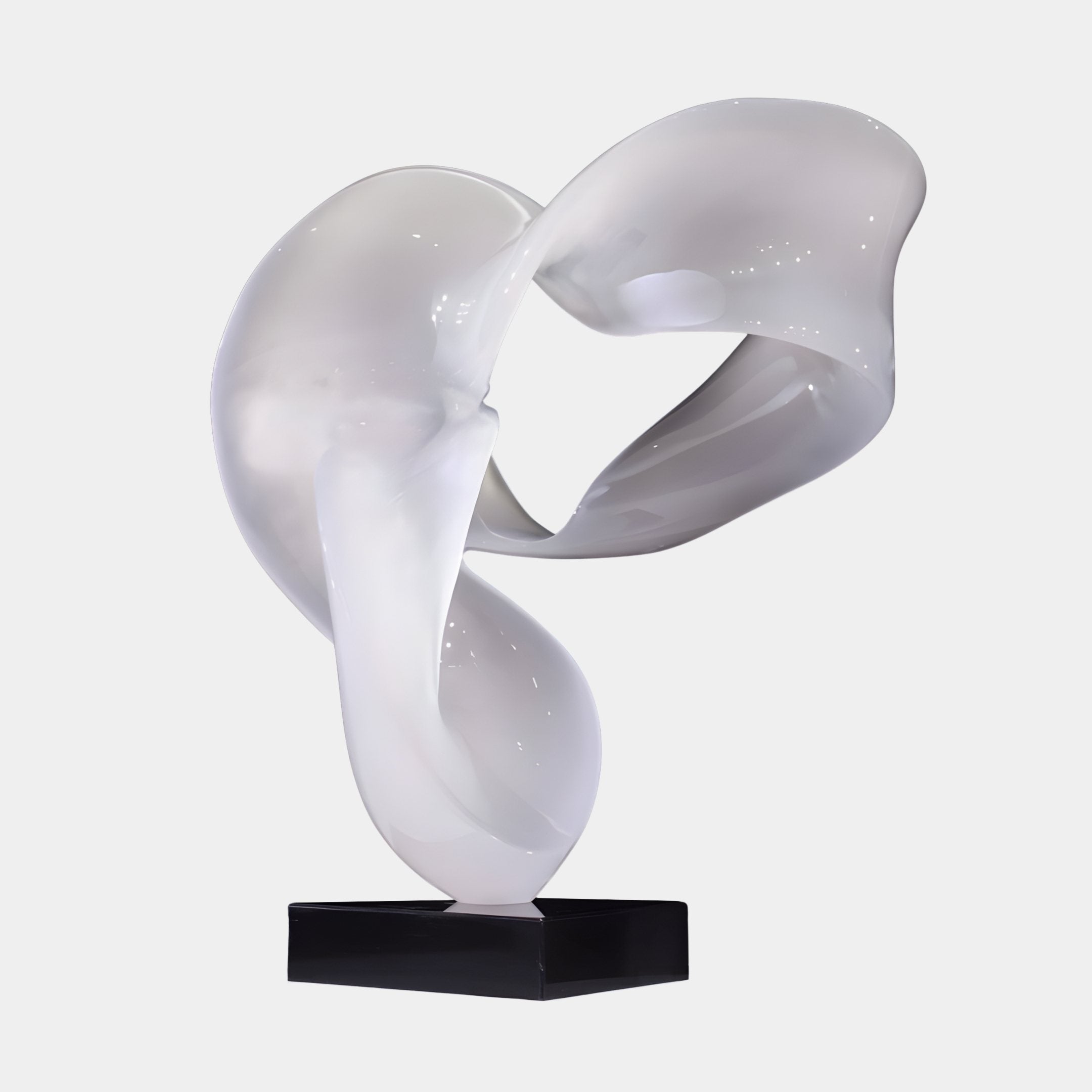 Helix Flow White Abstract Jade Sculpture by Giant Sculptures, 66cm, three interlocking pearlescent white ribbons forming a braided knot on a black plinth.