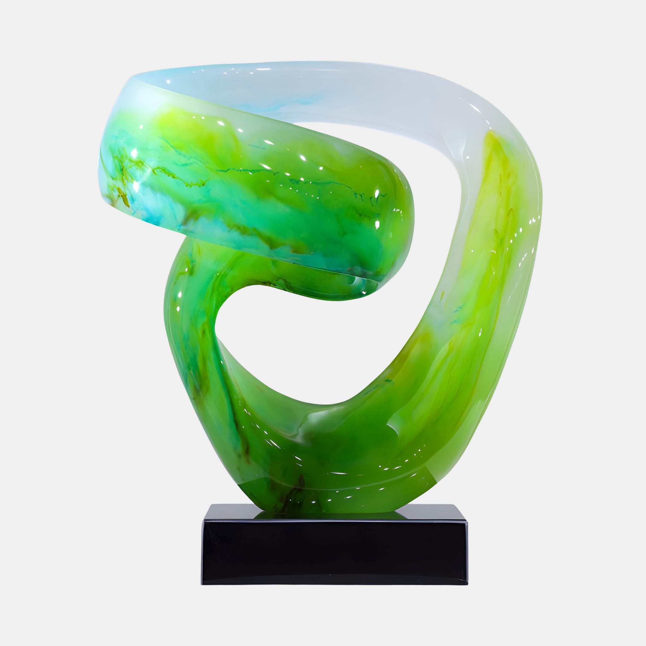 Eternal Swirl Lime Green Abstract Jade Sculpture by Giant Sculptures, a continuous ribbon twisting through an S-curve on a black plinth against a plain background.