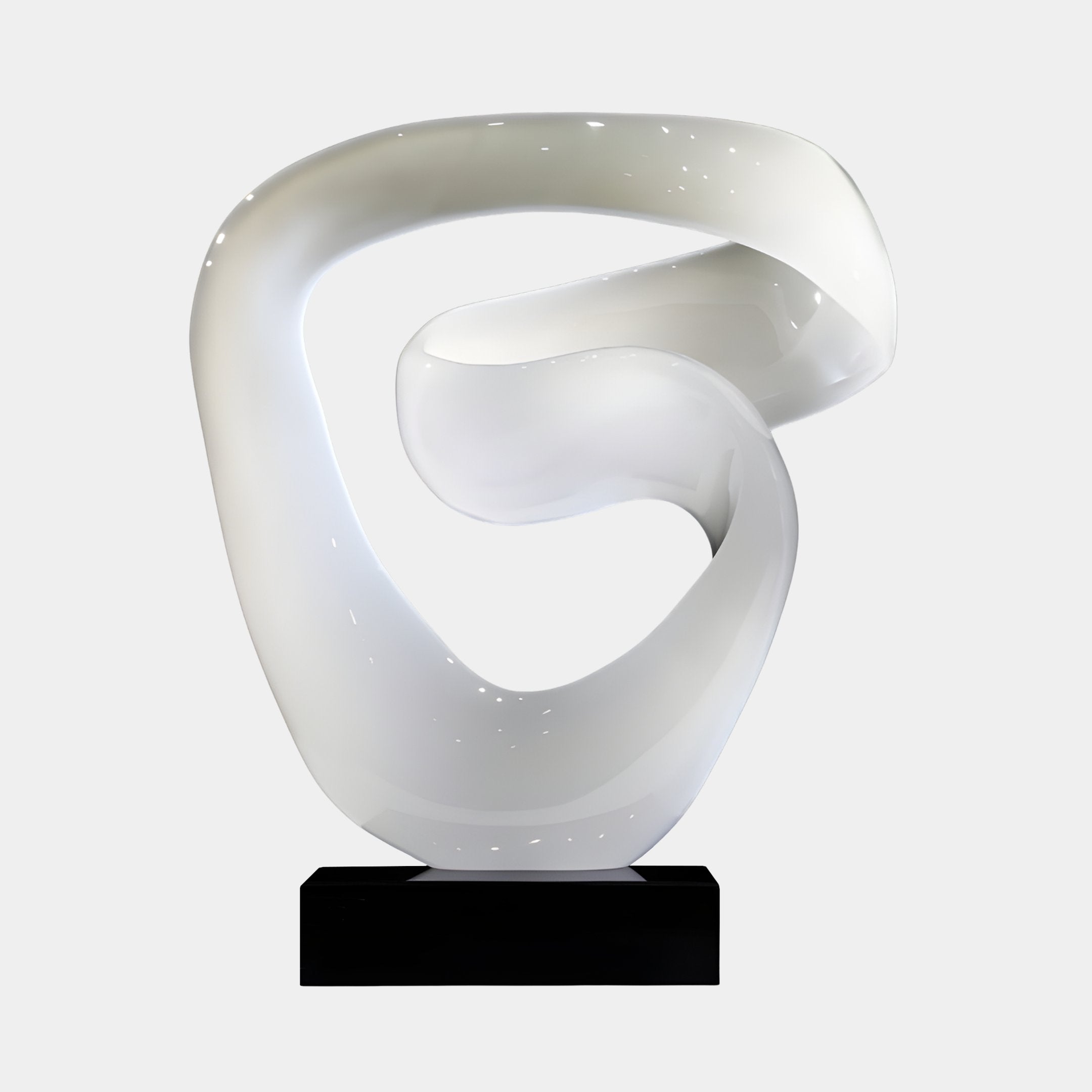 Eternal Swirl White Abstract Jade Sculpture by Giant Sculptures, a glossy cream ribbon twisting through itself on a black plinth against a plain background.