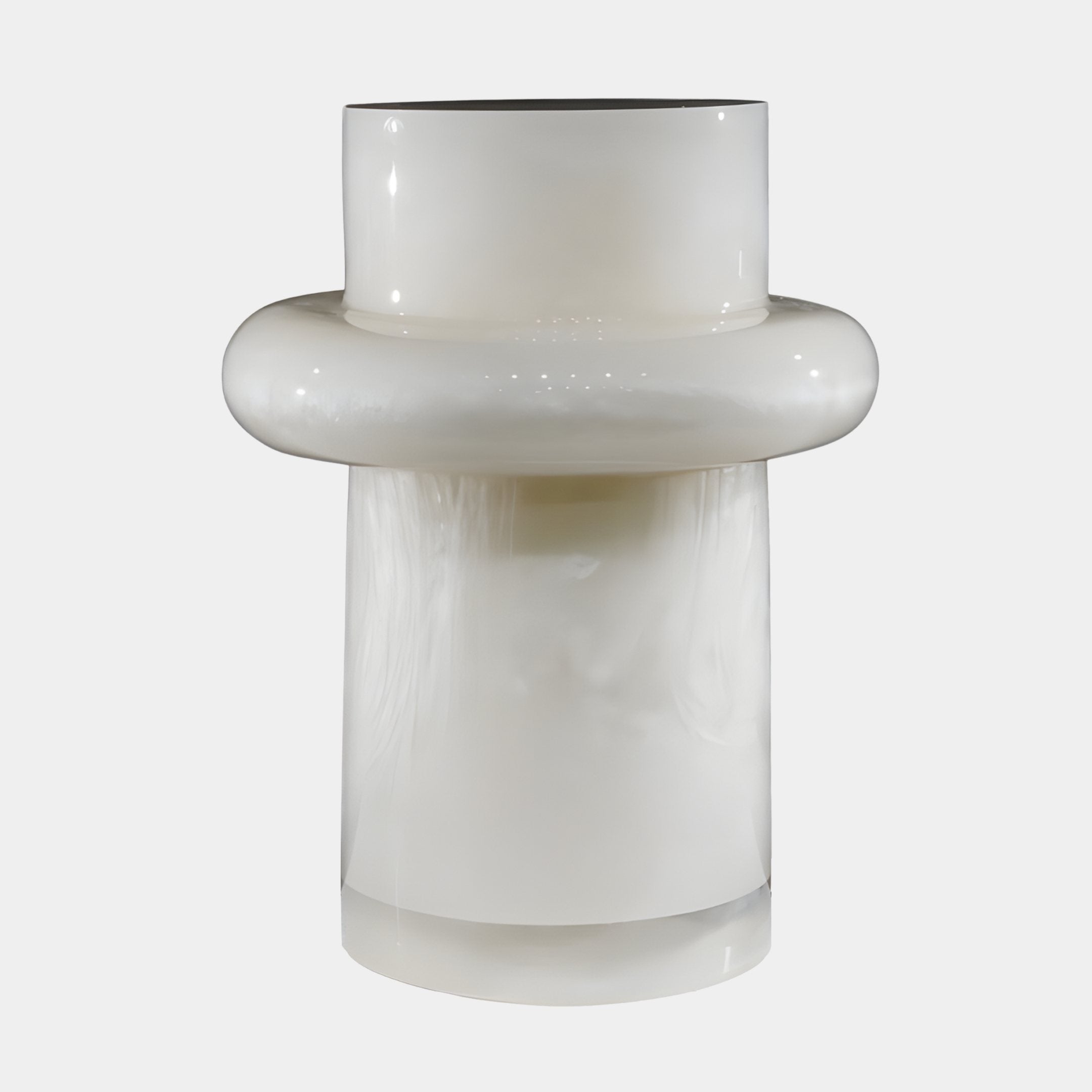 Totem Column White Abstract Jade Vase 54cm by Giant Sculptures, a glossy pearlescent cylindrical column with a chunky wrapped ring, shown on plain white.