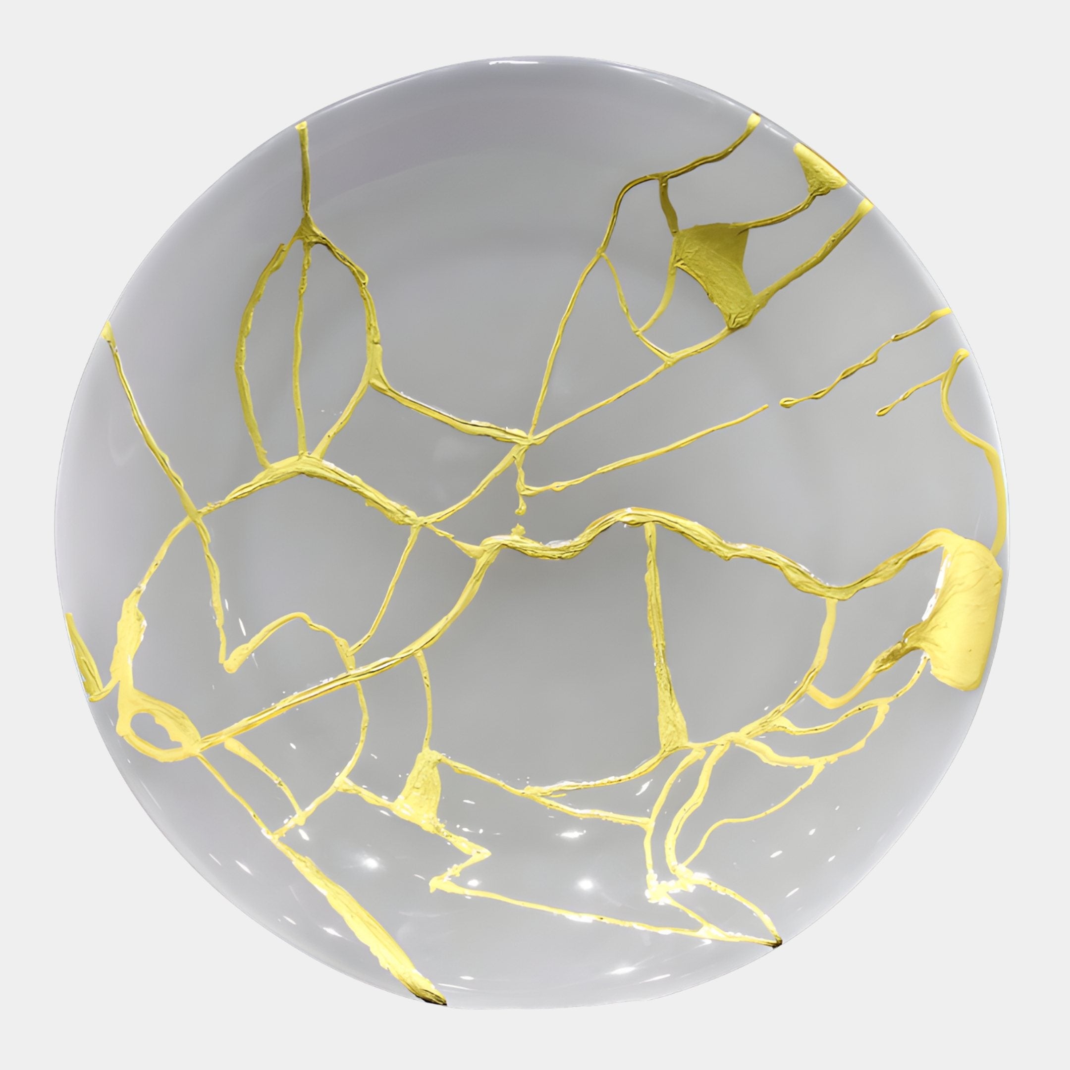 Kintsugi Grey Gold Abstract Jade Bowl Decor 35cm by Giant Sculptures, a shallow pearl grey bowl with hand-painted gold crack lines, shown from above on a light background.