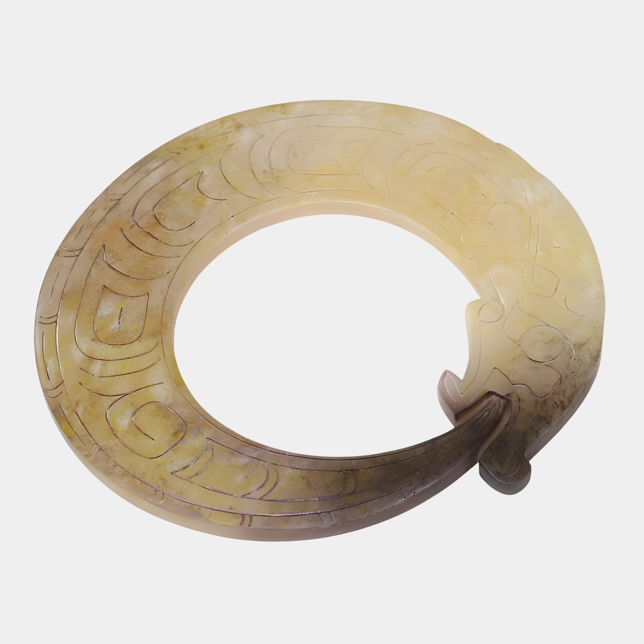 Dragon Disc Celadon Carved Jade Ornament 46cm by Giant Sculptures, a circular jade ring with archaic dragon and scroll carvings in celadon-amber tones.