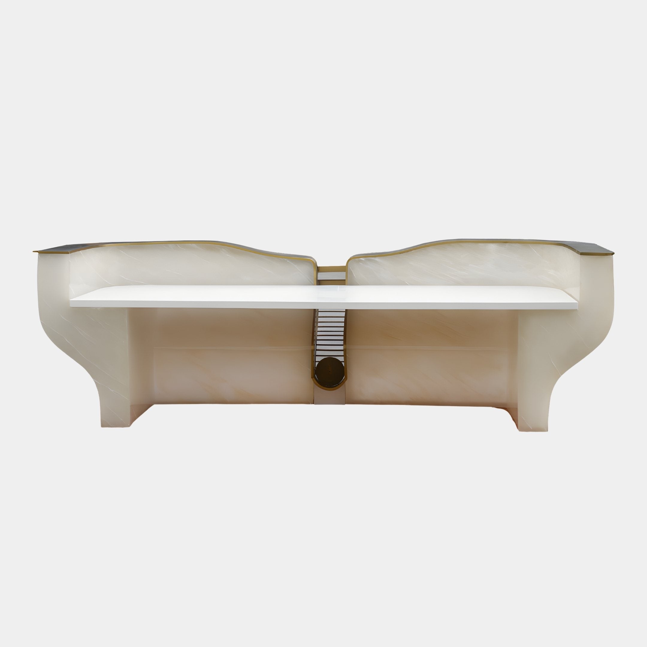 Cloud Bench Ivory Abstract Jade Console 303cm by Giant Sculptures, front view showing twin ivory cloud arms with gold trim and a central brushed-metal accent.