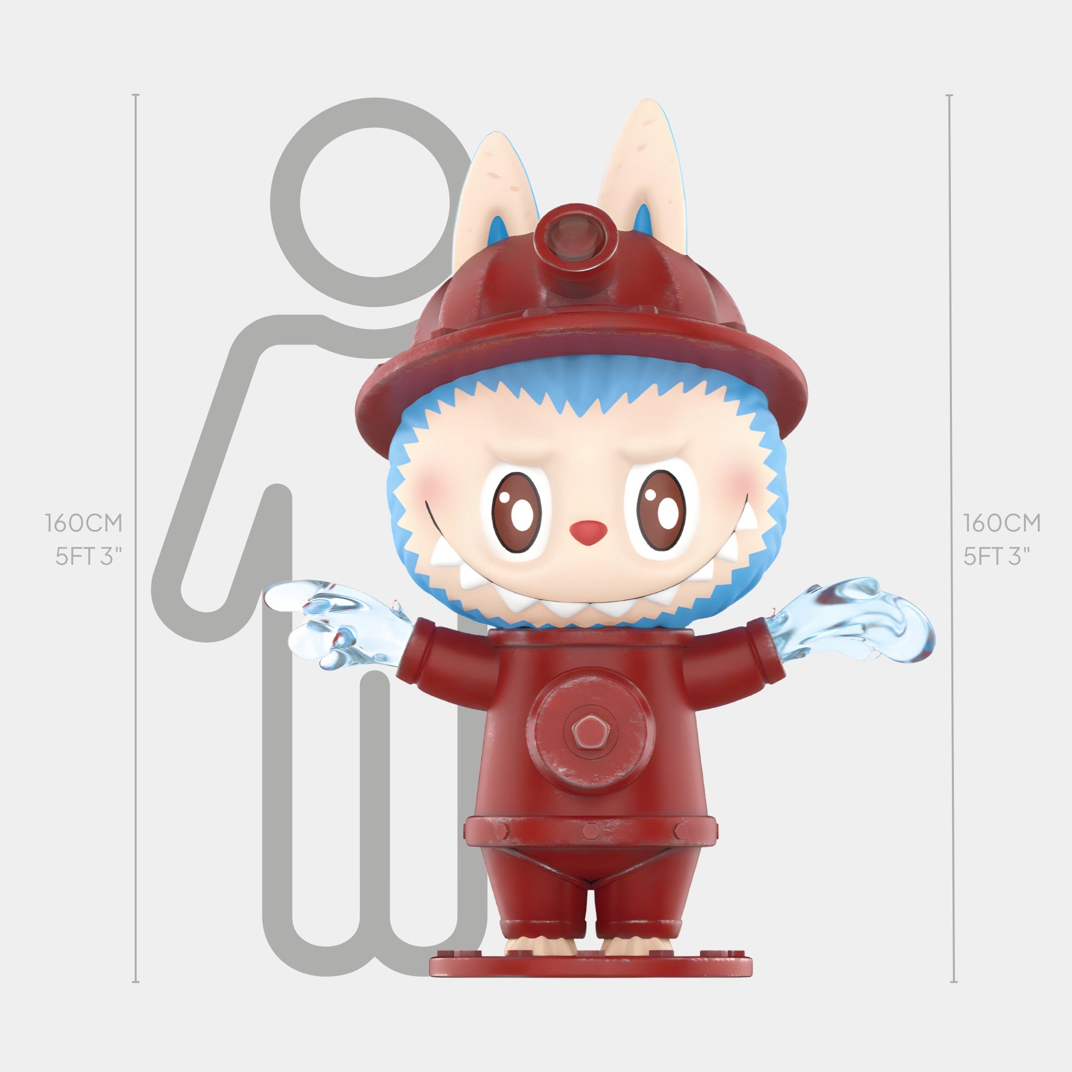 A cartoonish figure with animal ears, a red firefighter outfit, and blue gloves stands at 160 cm, resembling the Hidden Fire Hydrant Labubu Sculpture by Giant Sculptures—a striking fibreglass piece of urban industrial design.