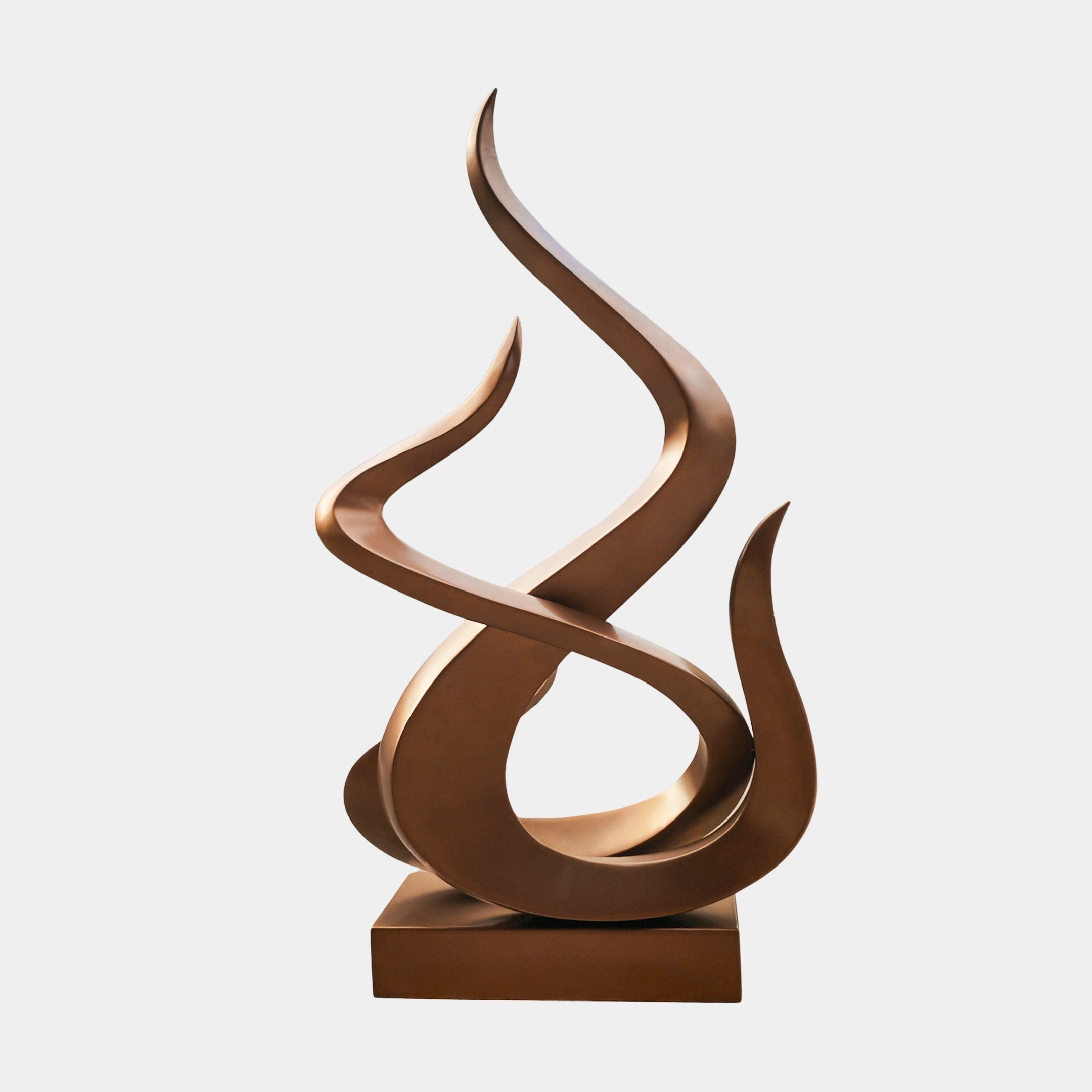 The Flame III Matt Bronze Abstract Steel Sculpture by Giant Sculptures features two intertwined, flowing ribbons on a rectangular base, embodying contemporary elegance in metal art. Height: 130cm.