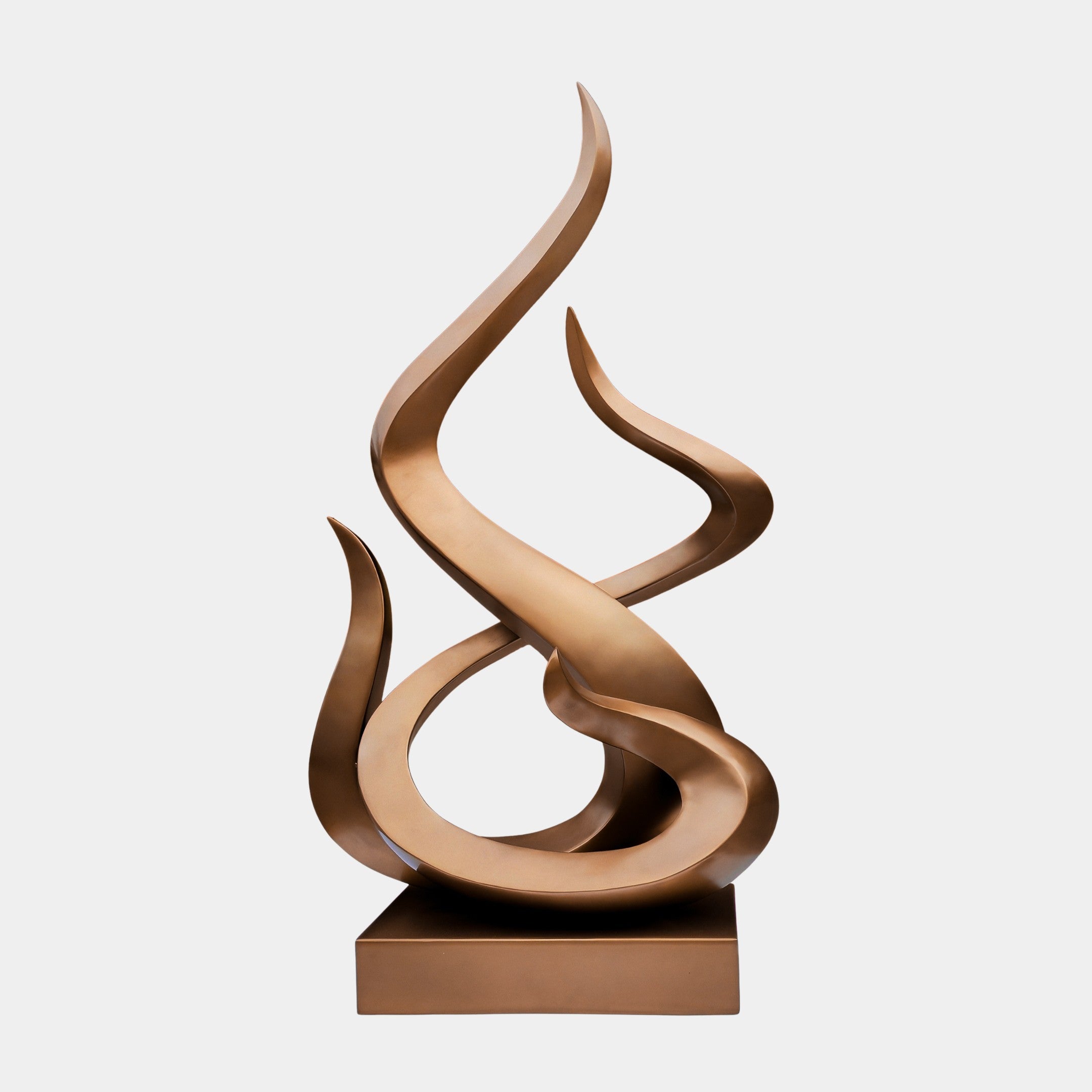 The Flame III Matt Bronze Abstract Steel Sculpture by Giant Sculptures features smooth, intertwined curves rising from a rectangular base, evoking flowing flames and contemporary metal art in a striking 130cm design.