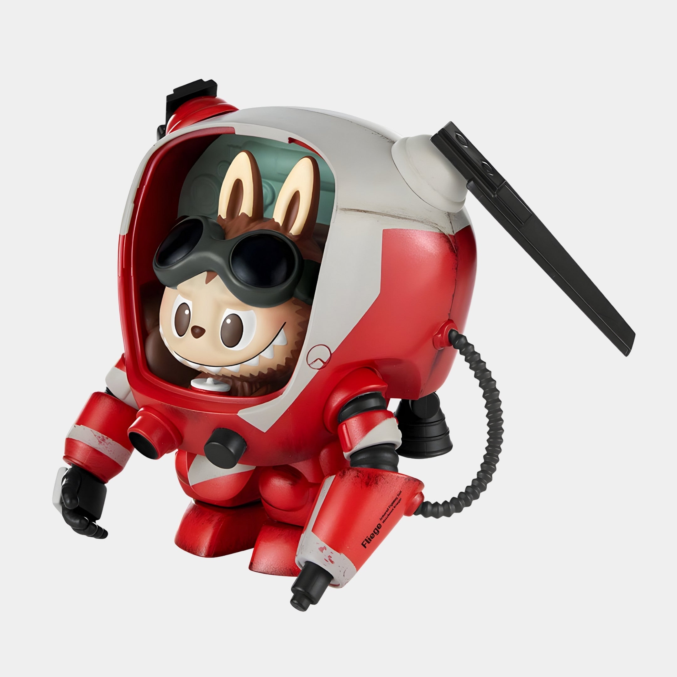 The Flame Ranger Labubu Mecha Sculpture - 160cm by Giant Sculptures features a cartoon rabbit with goggles inside a red and white mecha suit with a clear helmet, mechanical arms, and an antenna, set against a plain white background.