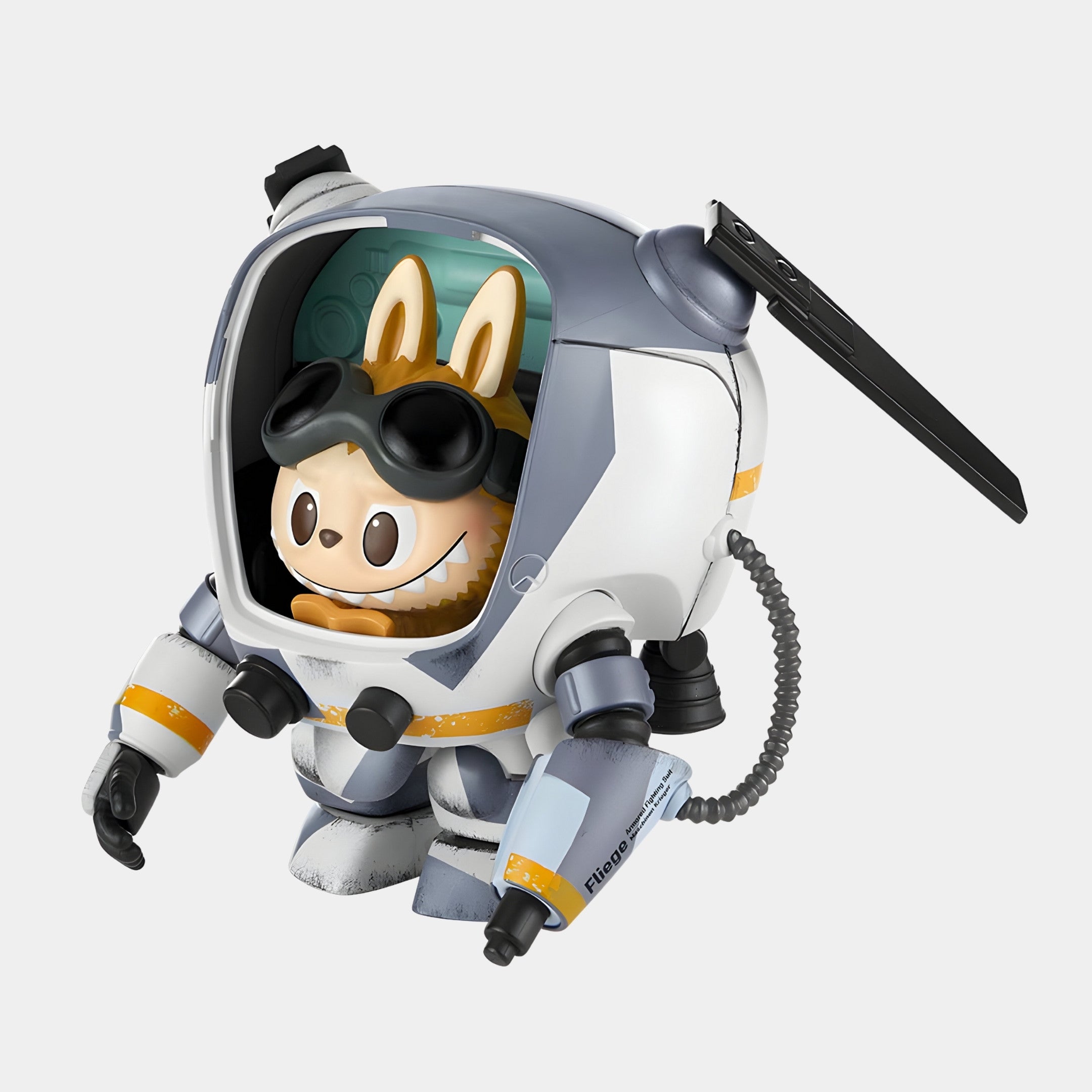 The Orbit Ranger Labubu Mecha Sculpture (160cm) by Giant Sculptures features a smiling bunny in aviator goggles seated in a white, blue, and gray futuristic mech suit—an eye-catching sci-fi display piece against a plain background.