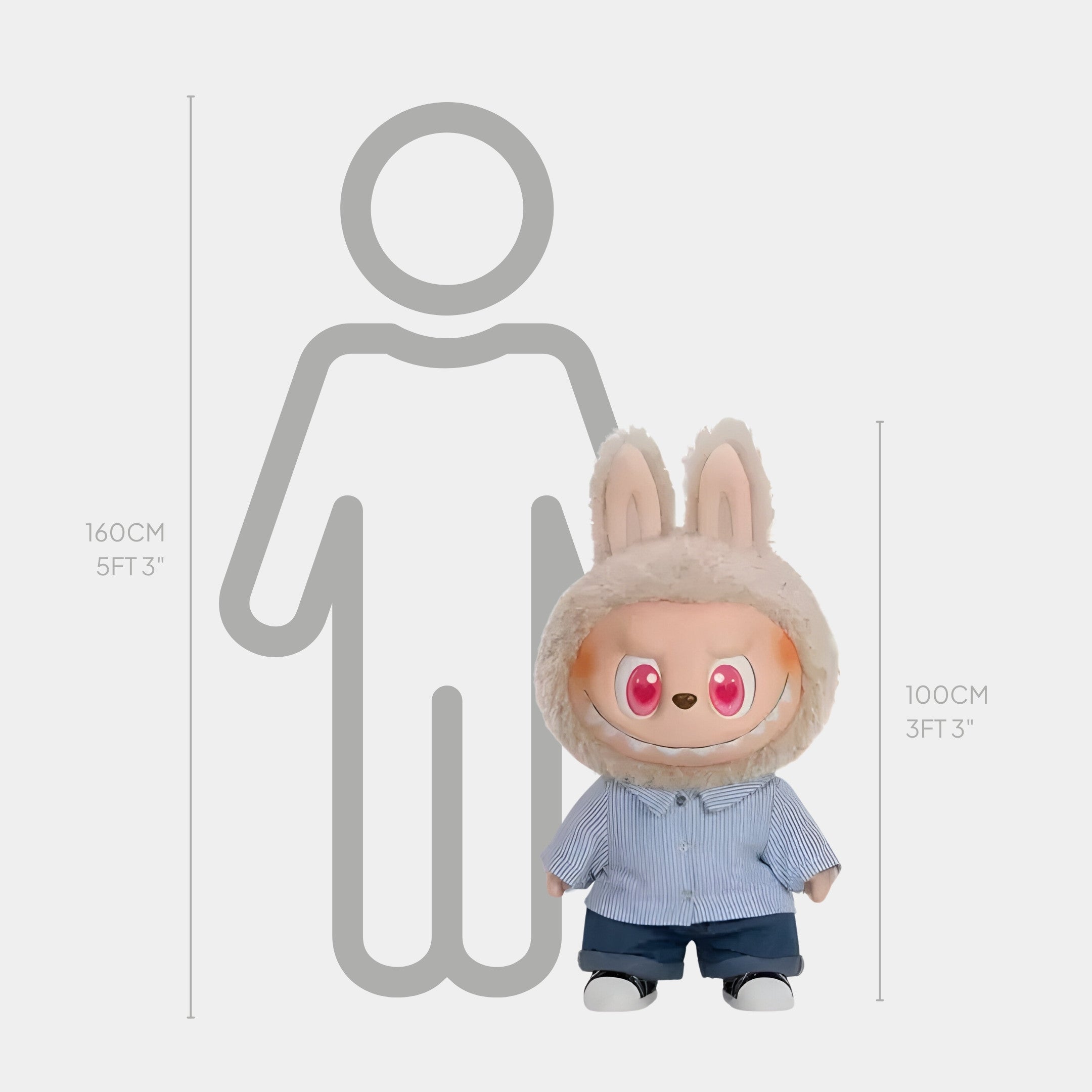 The Monster Flip With Me Labubu Sculpture - 100cm by Giant Sculptures features a fibreglass body, large pink eyes, bunny-ear hood, blue shirt, and pants. It stands about 100 cm tall next to a height chart and person outline.