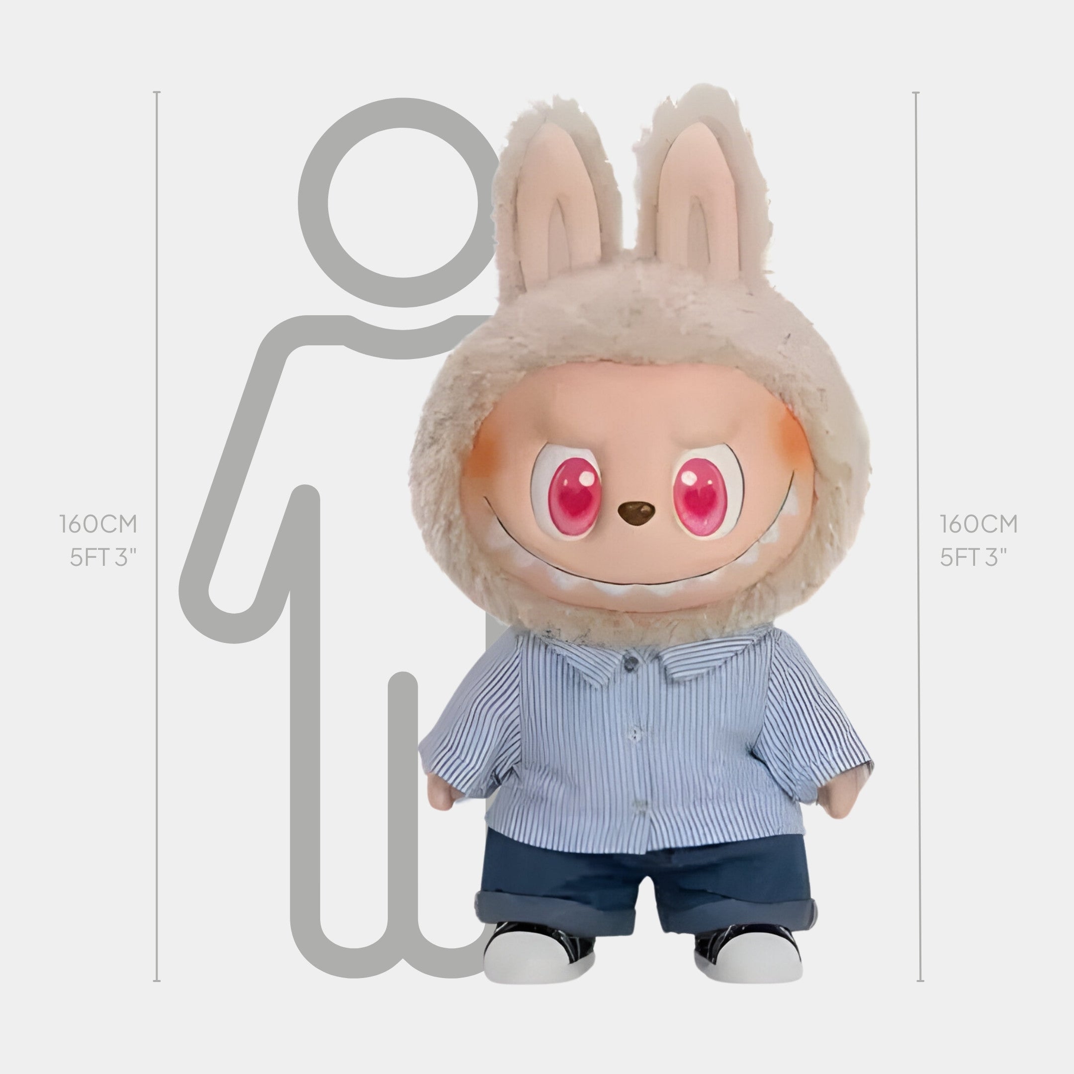 The Monster Flip With Me Labubu Sculpture by Giant Sculptures stands at 160 cm with bunny ears, big pink eyes, and a blue striped shirt—showcasing premium workmanship and charming details next to a human outline for scale.