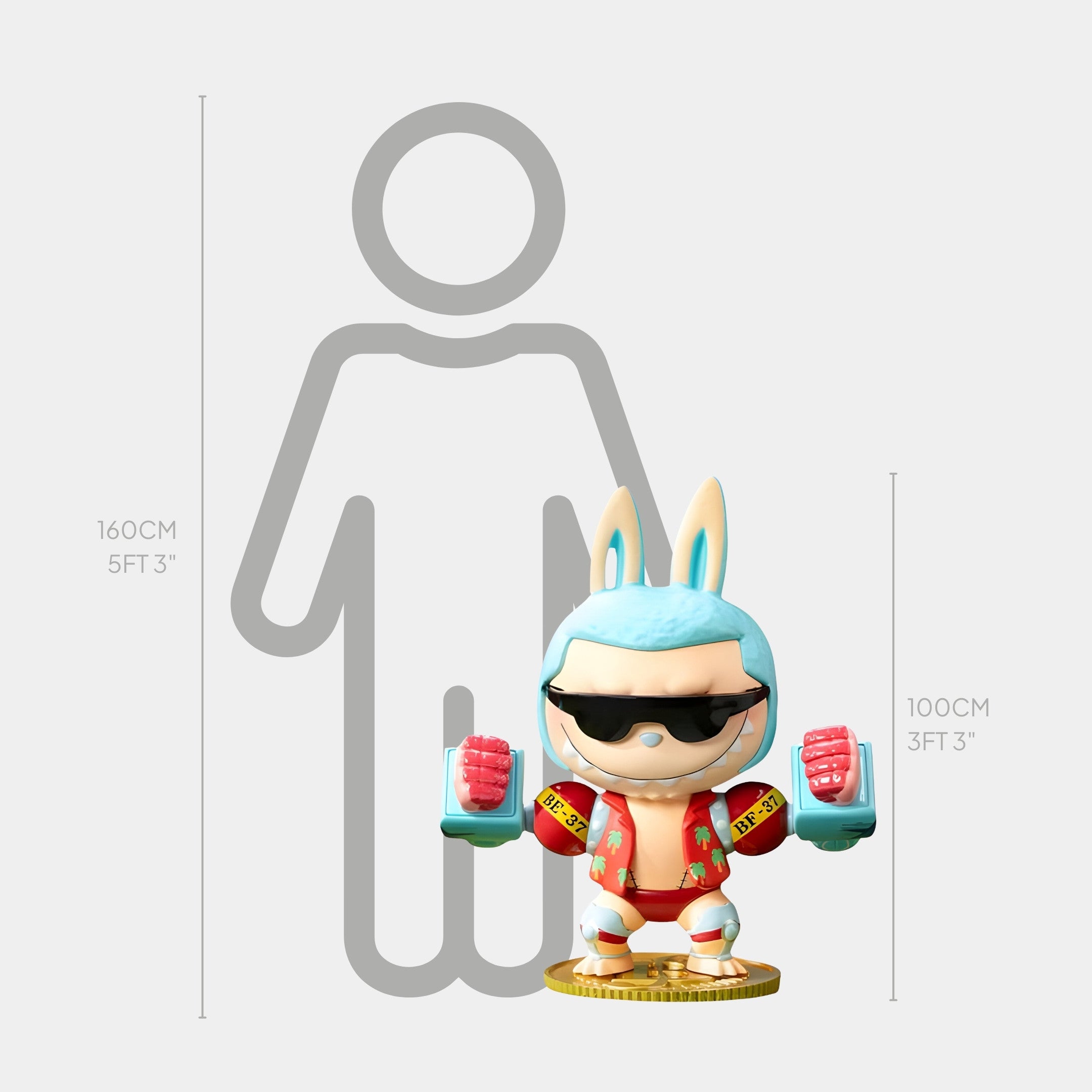 The Grand Line Franky Labubu Sculpture by Giant Sculptures stands 100cm tall, featuring a cartoon figure with bunny ears, sunglasses, and a red jacket on a gold base, holding red objects in both hands. Inspired by One Piece.