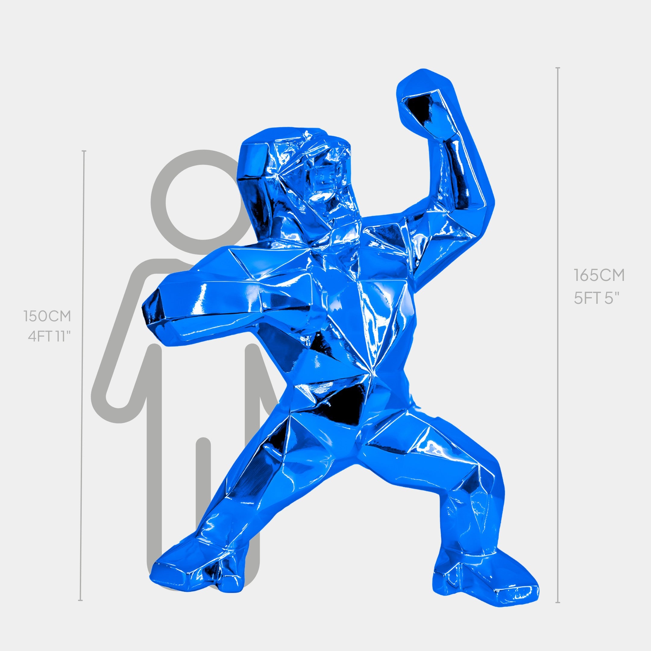 Giant Sculptures Sapphire Blue Gorilla Sculpture - 165cm is a striking fiberglass piece with an angular design. It stands dynamically at 150 cm with one arm raised, while a gray outline of a person in the background accentuates its impressive size compared to someone whos 165 cm tall.