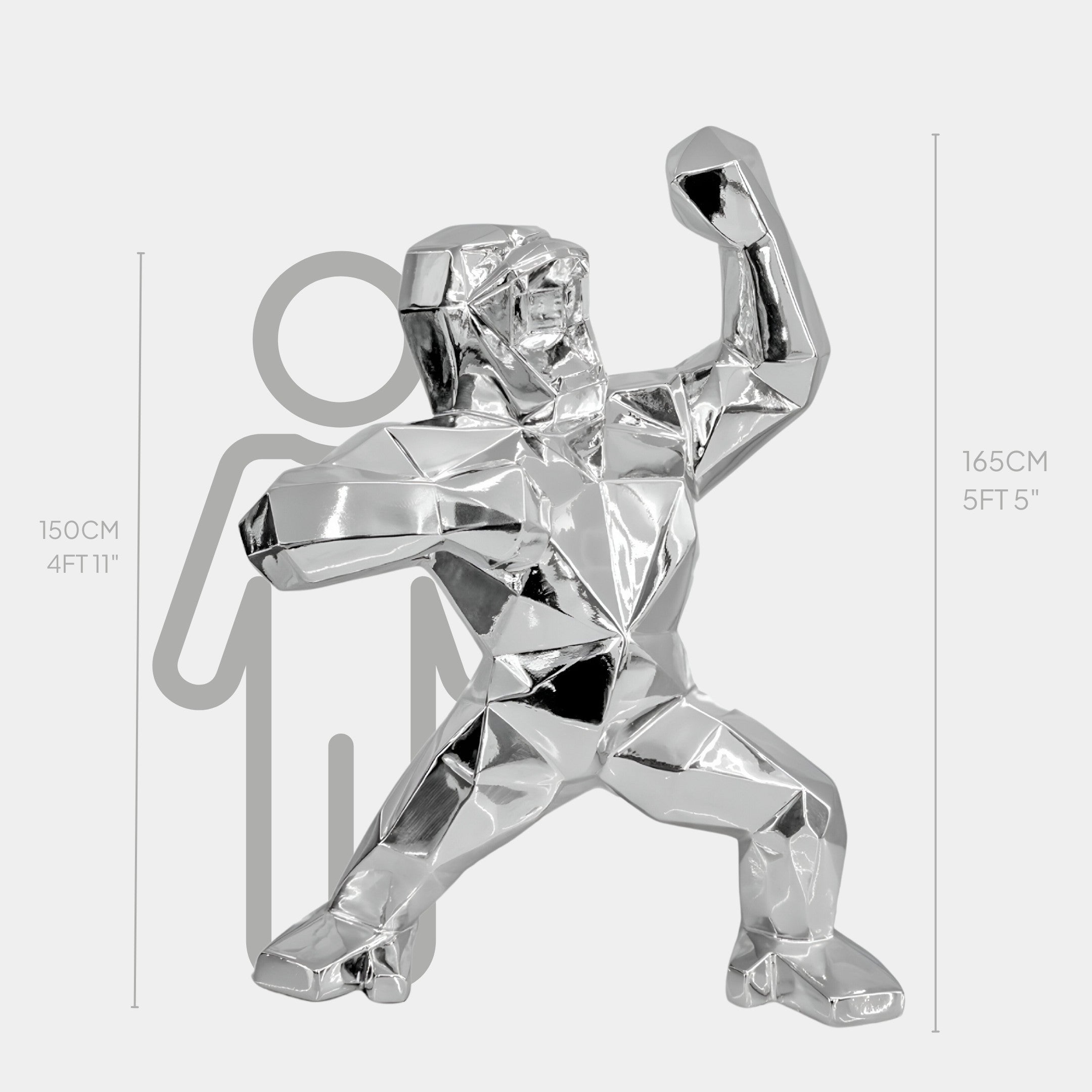 The 165 cm Stellar Chrome Gorilla Sculpture by Giant Sculptures features a dynamic pose with a raised arm. Positioned beside a 150 cm figure for comparison, this modern art piece enhances any space.