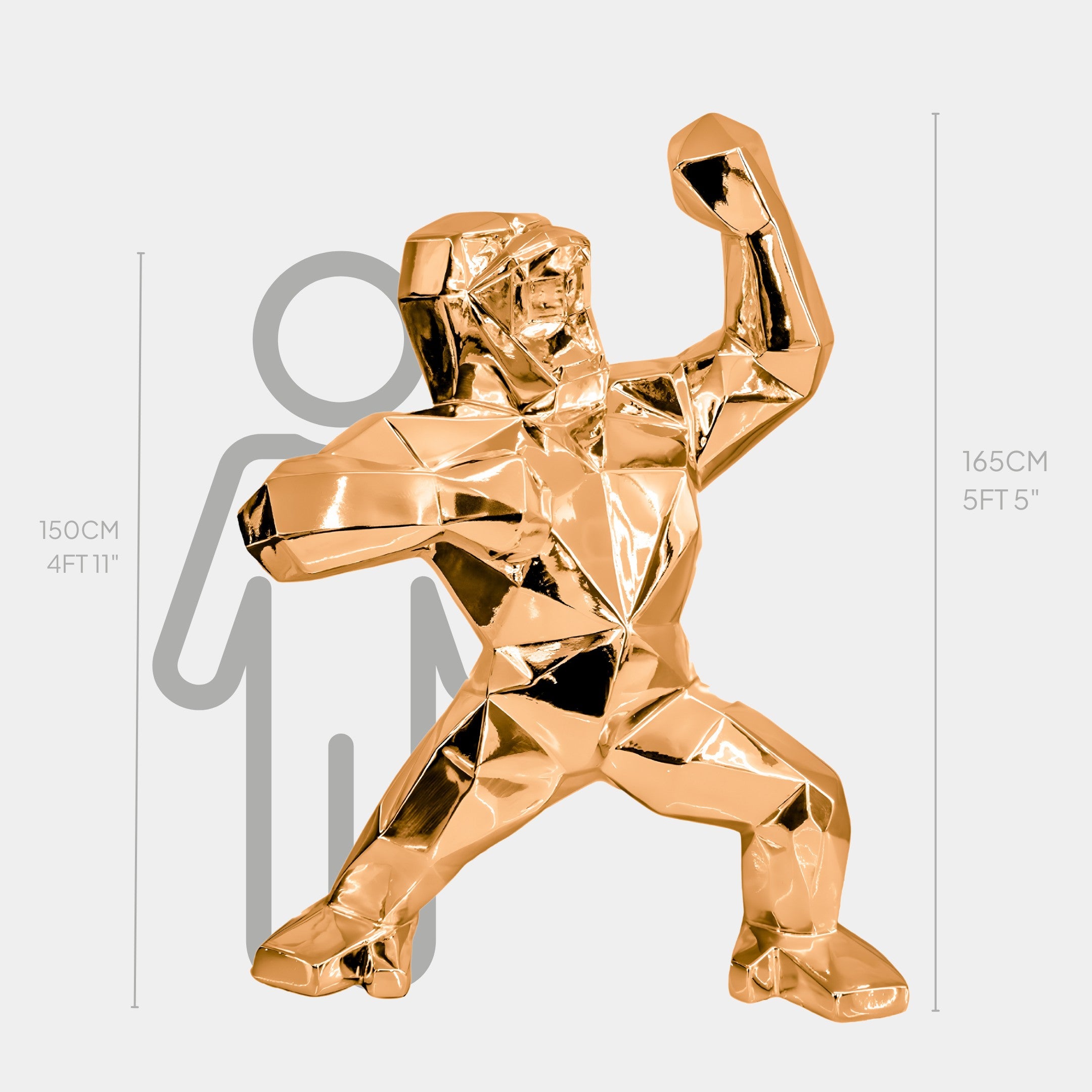 The Rose Gold Gorilla Sculpture by Giant Sculptures stands at 165cm, showcasing modern design as a flexing figure in luxury interior decor, with a contrasting grey silhouette of a 150cm person for scale.