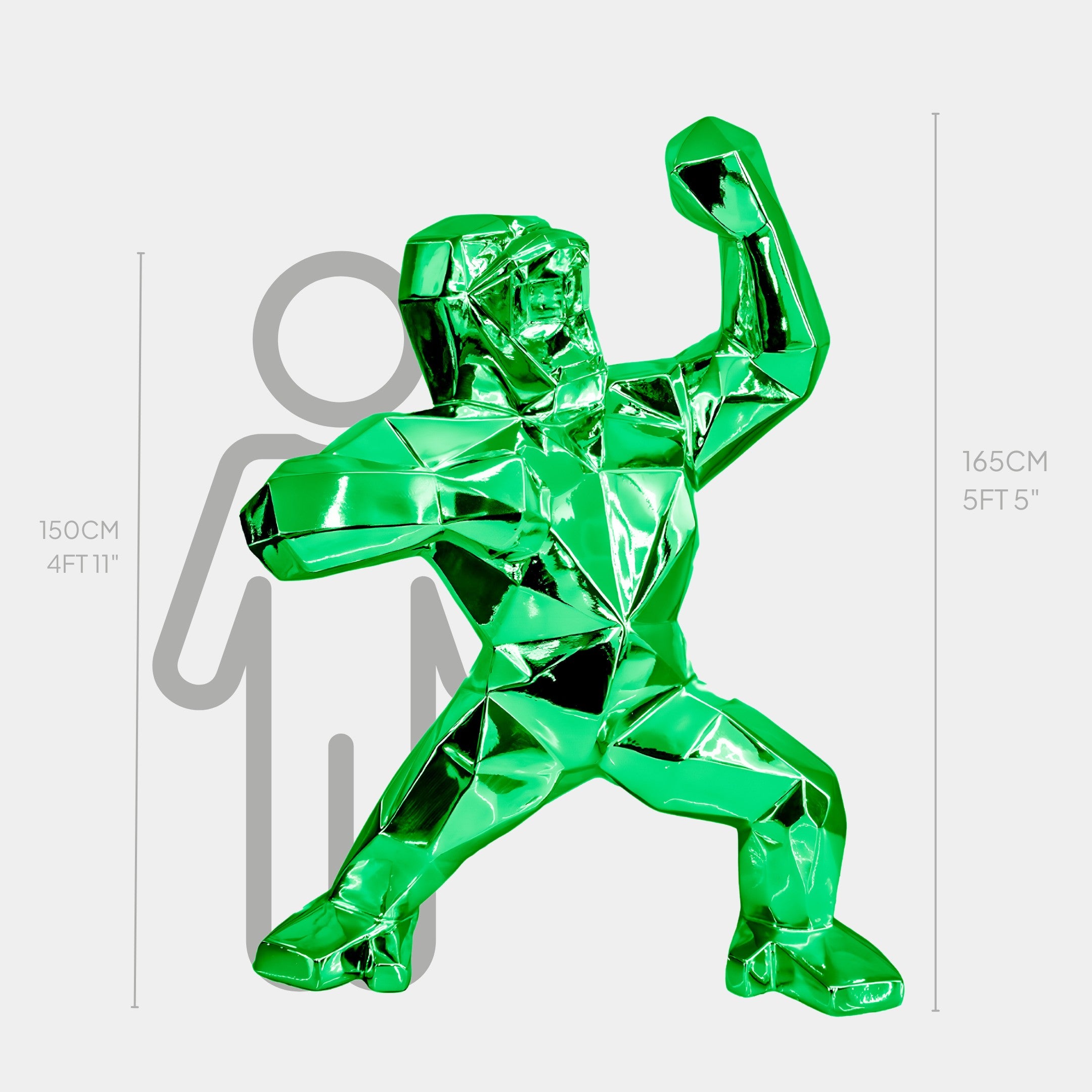 The Forrest Green Gorilla Sculpture - 165cm by Giant Sculptures stands in an aggressive pose with one arm raised, contrasting human outlines and embodying nature-inspired elegance ideal for modern interiors.