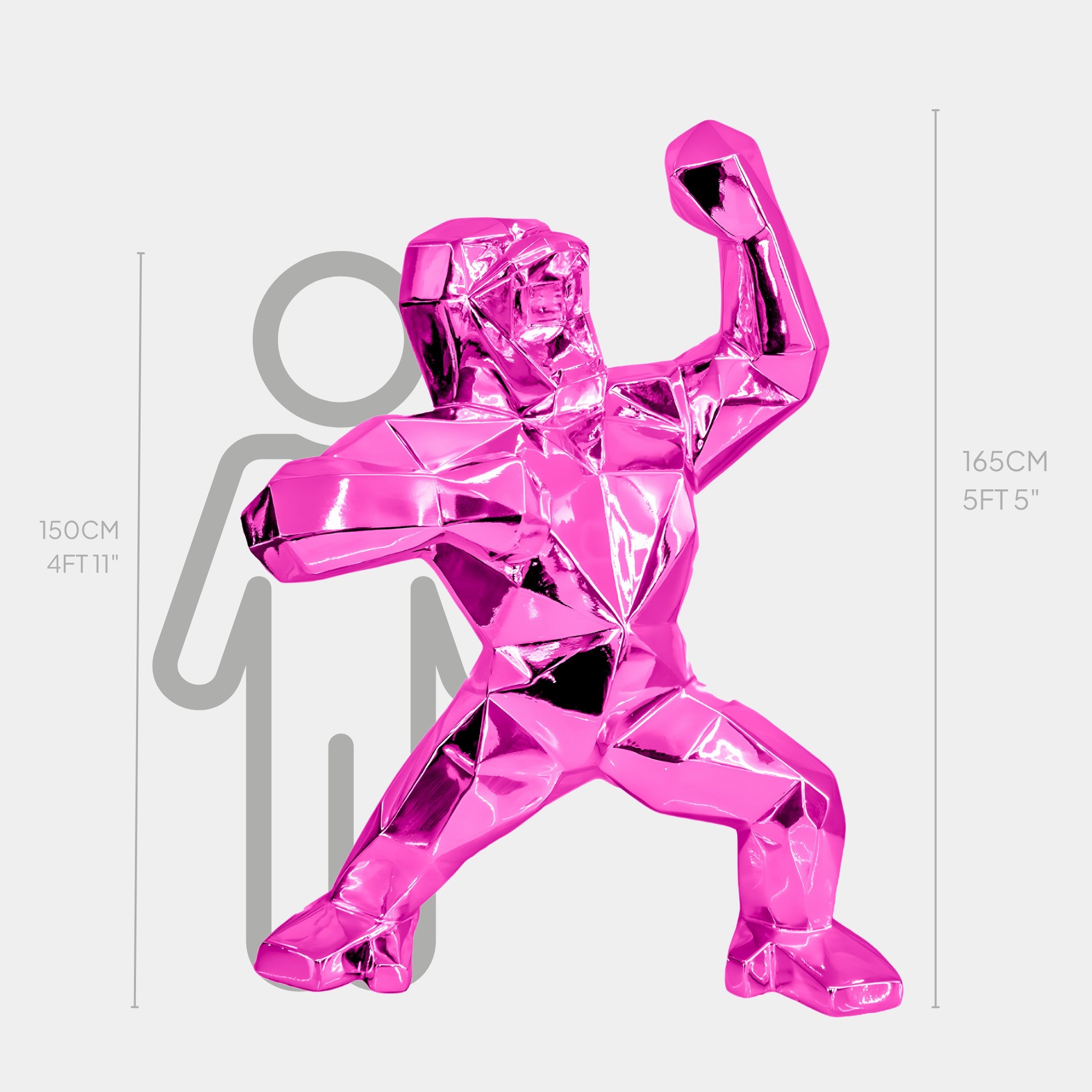 The Flamingo Pink Gorilla Sculpture by Giant Sculptures stands at 165 cm, featuring a shiny, angular design with a dynamic pose, one arm raised. Its a striking contemporary centerpiece against a plain white backdrop.