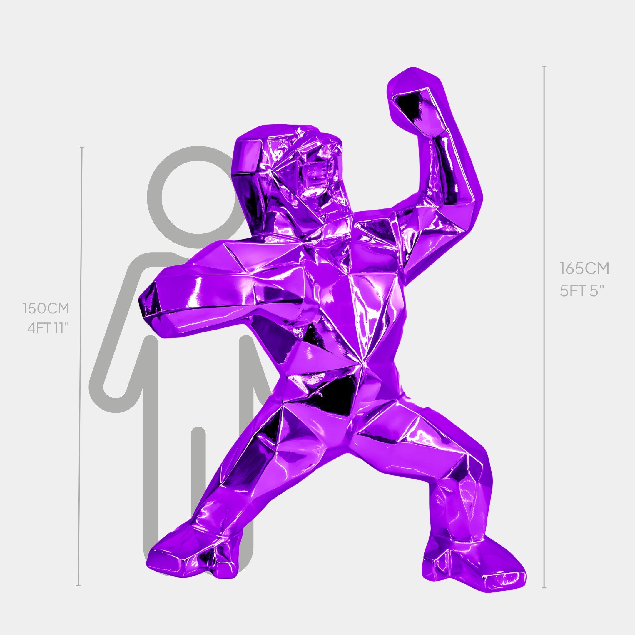 The Phantom Purple Gorilla Sculpture by Giant Sculptures, standing at 165 cm (55), gleams in electroplated purple against a light backdrop, making the nearby gray silhouette of a person at 150 cm (411) appear shorter.