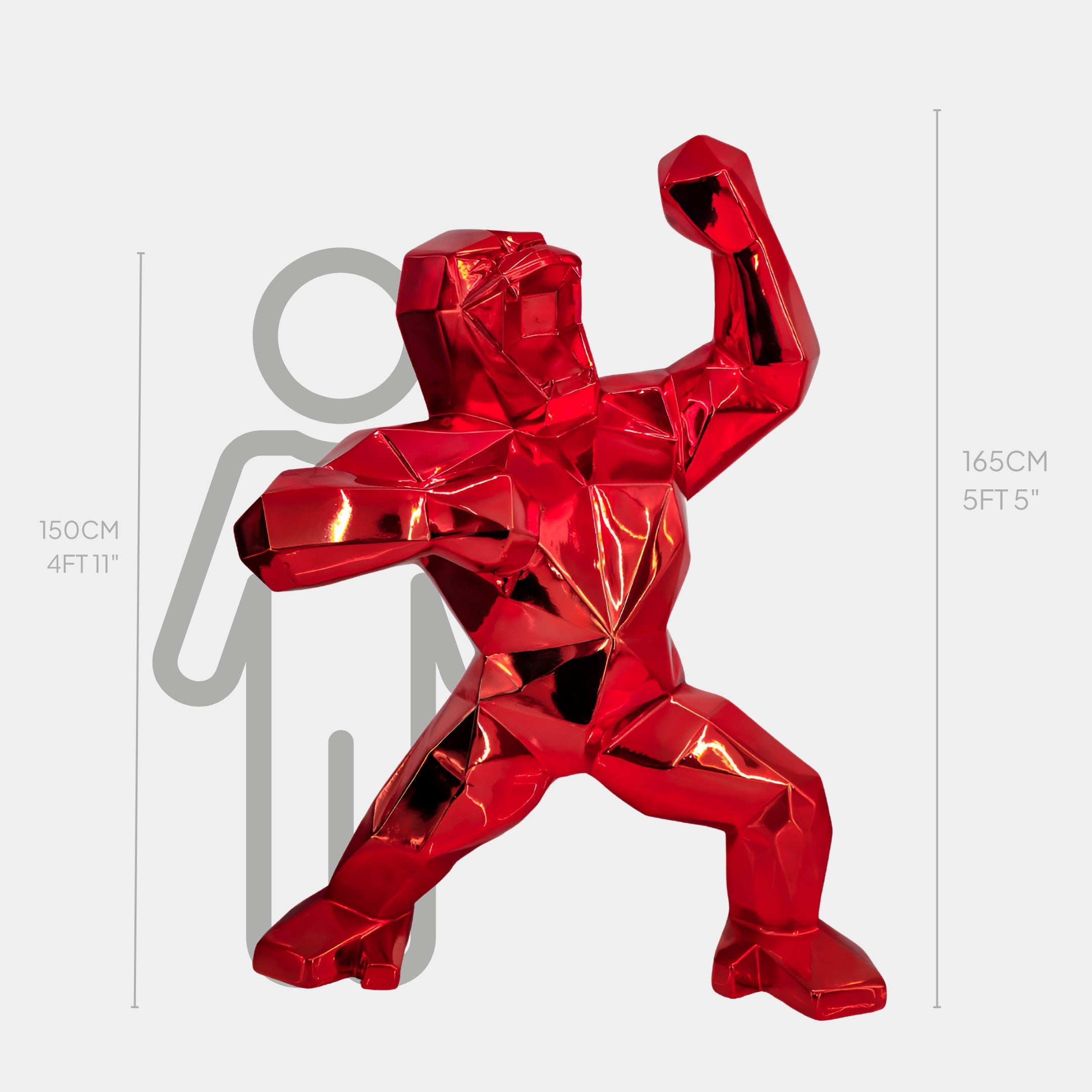 The Fire Red Gorilla Sculpture by Giant Sculptures, standing at 165 cm, features faceted surfaces and a dynamic pose with one arm raised. Its vivid fire red design complements contemporary interiors and towers over a 150 cm person.