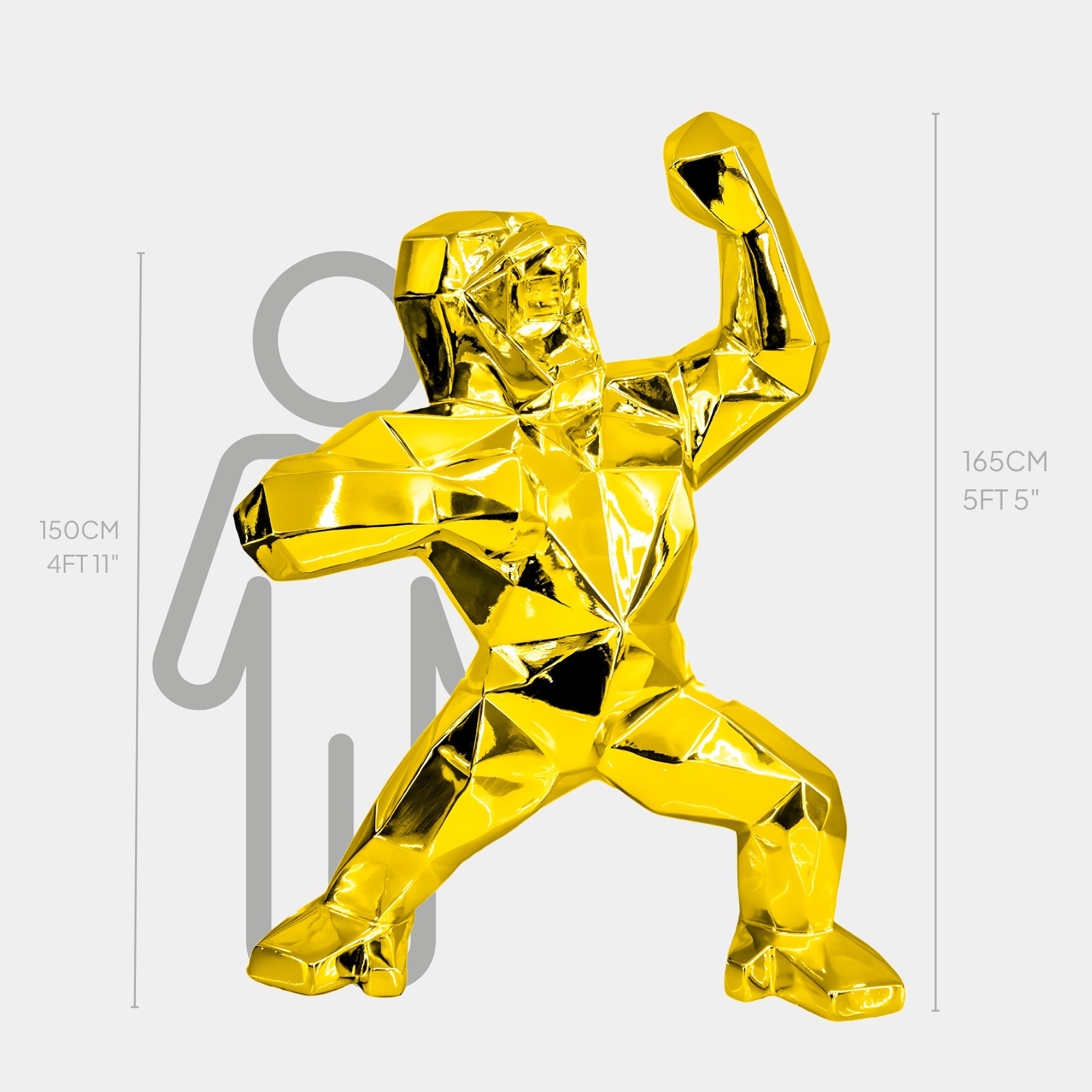 The Gilded Gold Gorilla Sculpture - 165cm from Giant Sculptures boasts a modern geometric design and a shiny electroplated surface. With one arm raised, it stands slightly taller than the silhouetted person in the background, enhancing its striking presence.