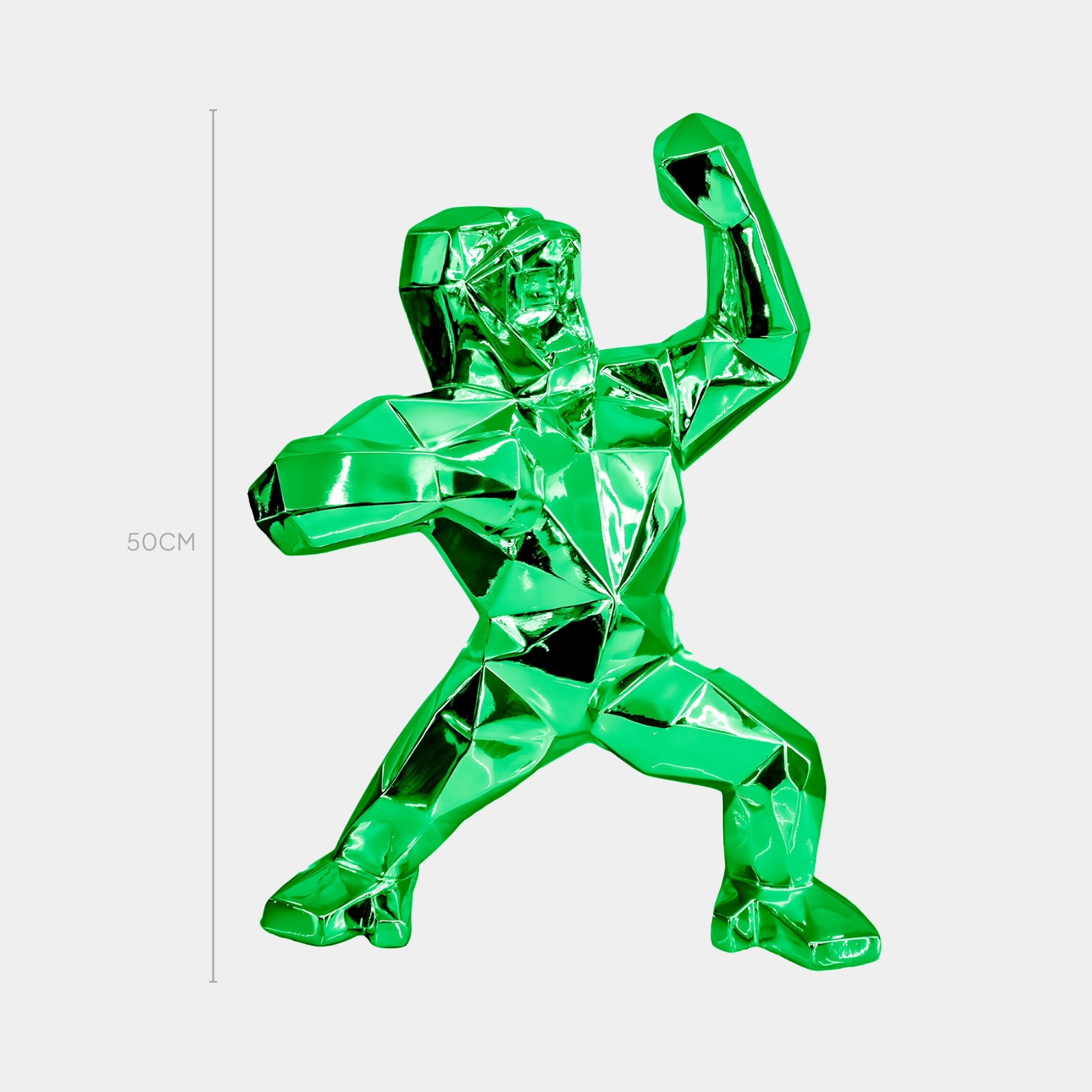 The Giant Sculptures Forrest Green Gorilla Sculpture - 50cm features a dynamic, humanoid gorilla posed with one arm raised against a white background. It boasts a sleek electroplated finish and stands approximately 50 cm tall.