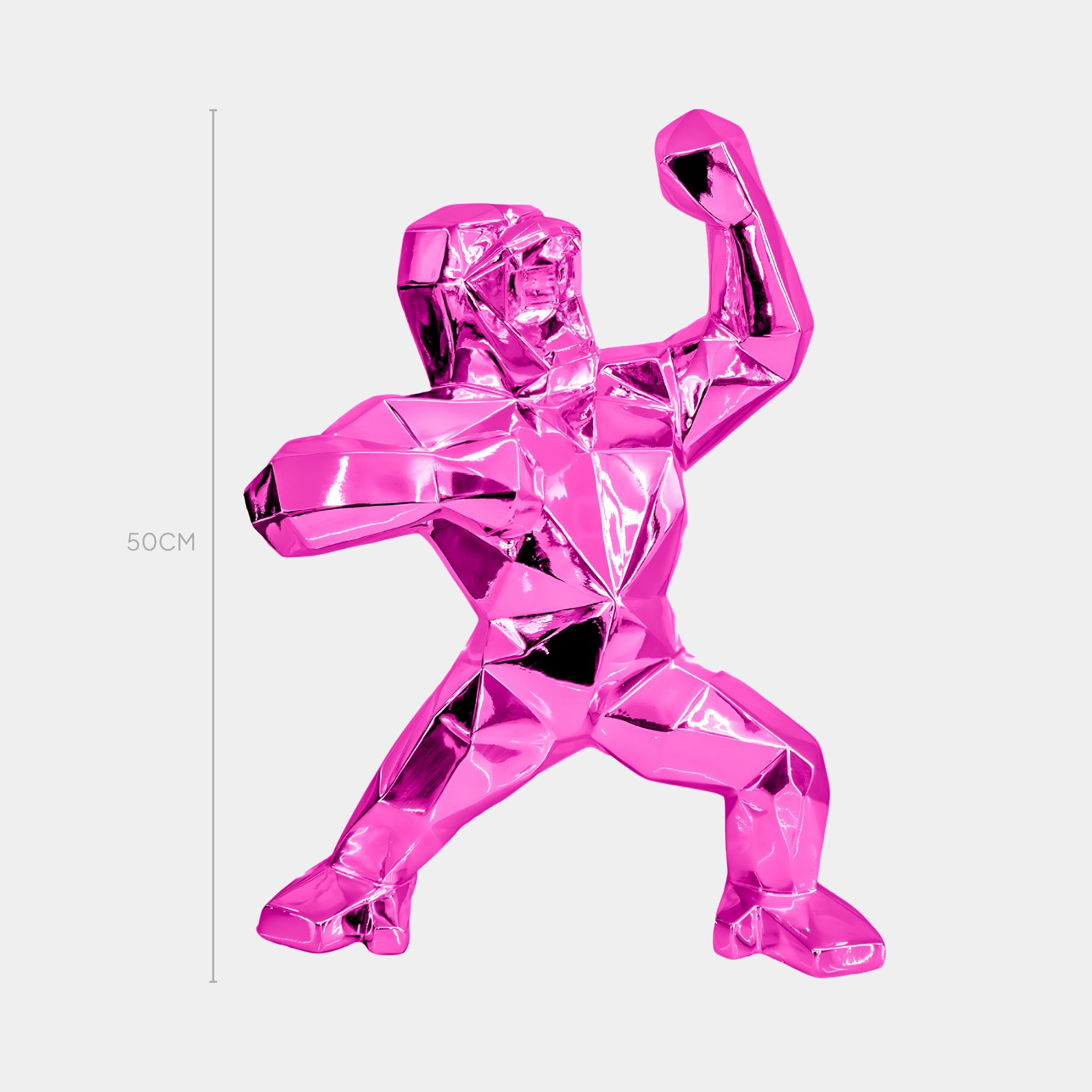 The Flamingo Pink Gorilla Sculpture by Giant Sculptures is a 50 cm tall, stylized, faceted human figure in a heroic pose. Crafted from premium resin with a shiny, reflective surface, it epitomizes contemporary art.