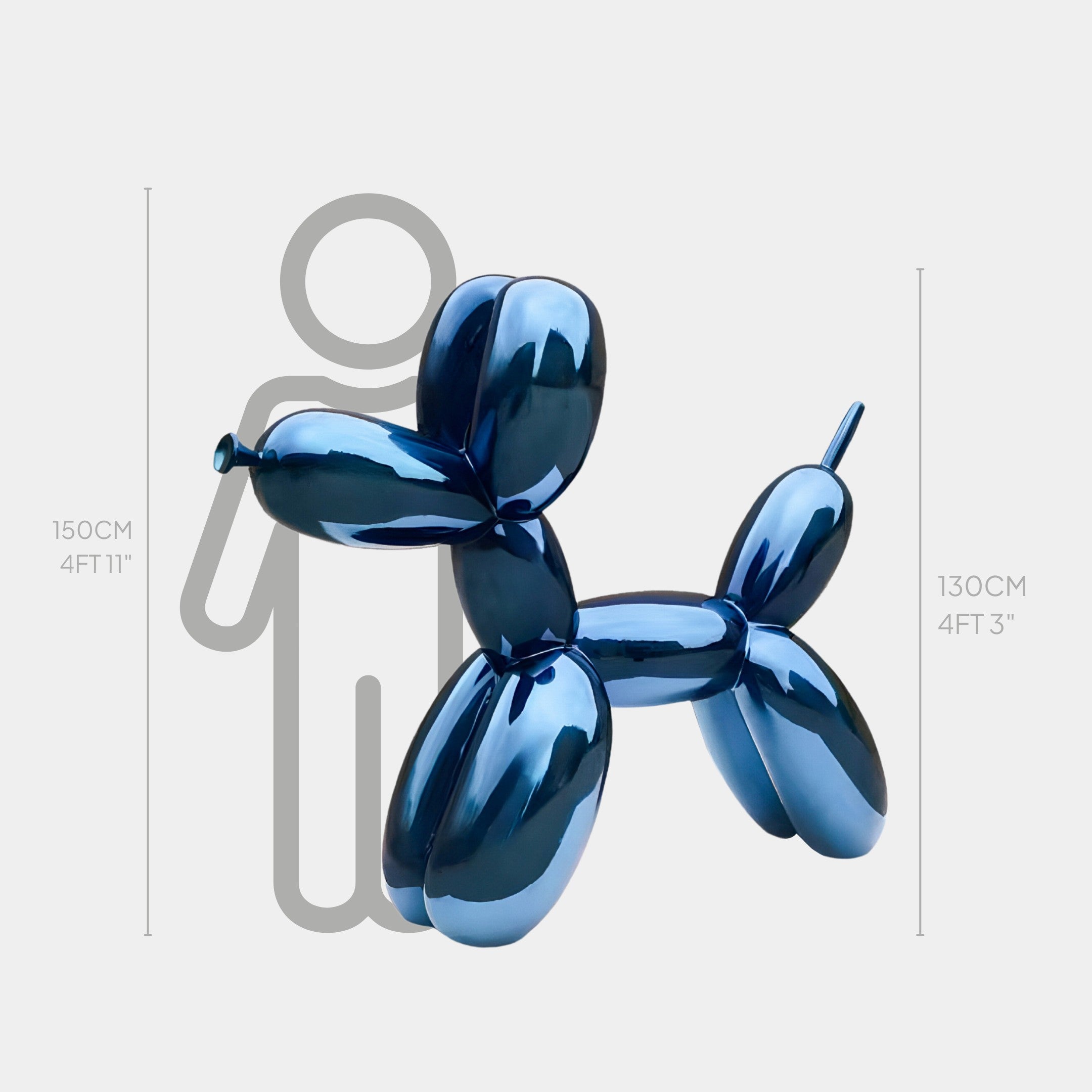 The Sapphire Blue Balloon Dog Sculpture by Giant Sculptures, at a height of 130 cm, exudes contemporary sophistication beside a gray human silhouette that reaches 150 cm.