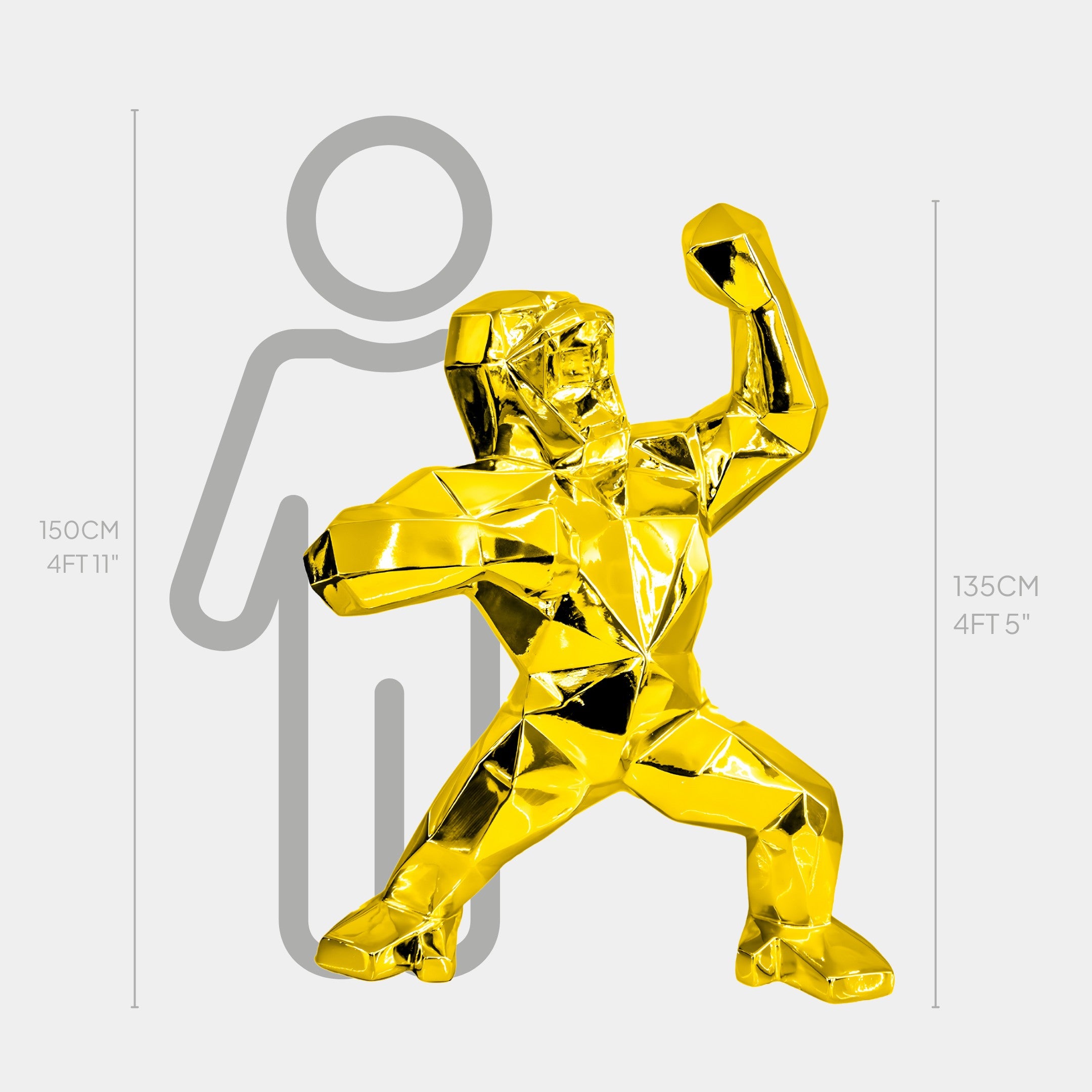 Gilded Gold Gorilla Sculpture, 135cm front view - radiant gold luxury art piece for contemporary interiors.