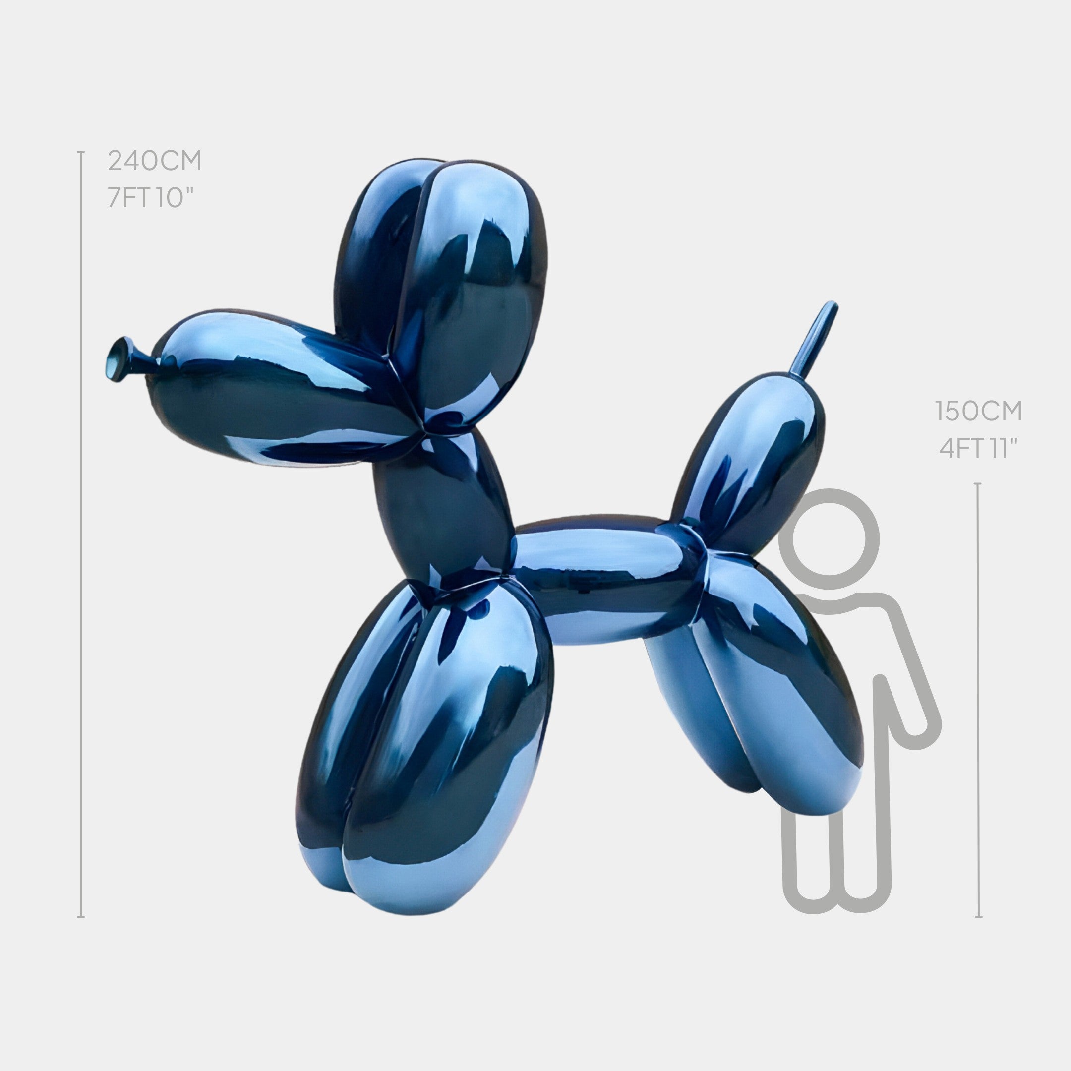 The Sapphire Blue Balloon Dog Sculpture by Giant Sculptures, measuring 240 cm (7 ft 10 in) tall, showcases modern design next to a simplified human figure standing at 150 cm (4 ft 11 in).