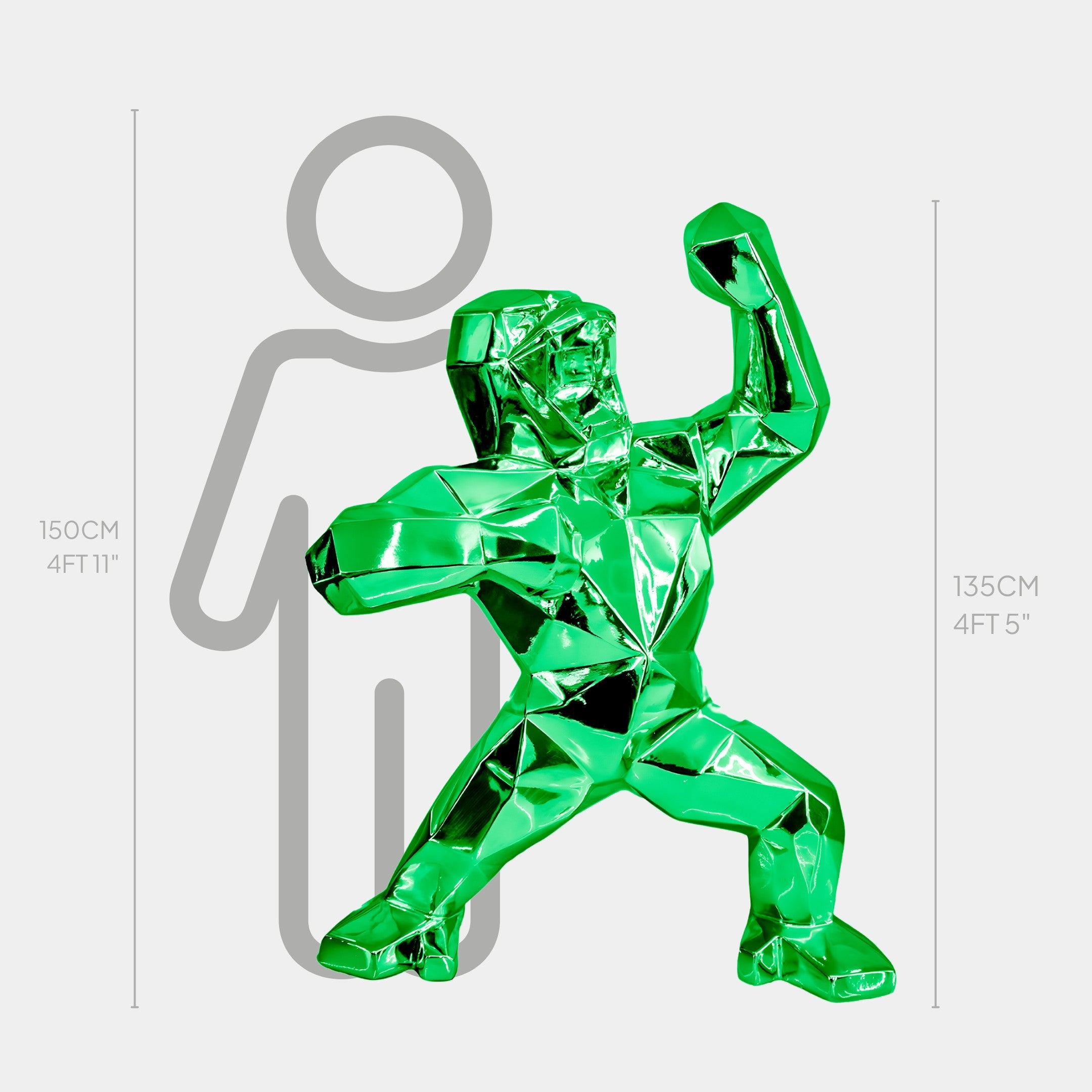 Front view of Forrest Green Gorilla sculpture, a vibrant green electroplated finish on a 135cm figure, ideal for nature-inspired luxury decor.