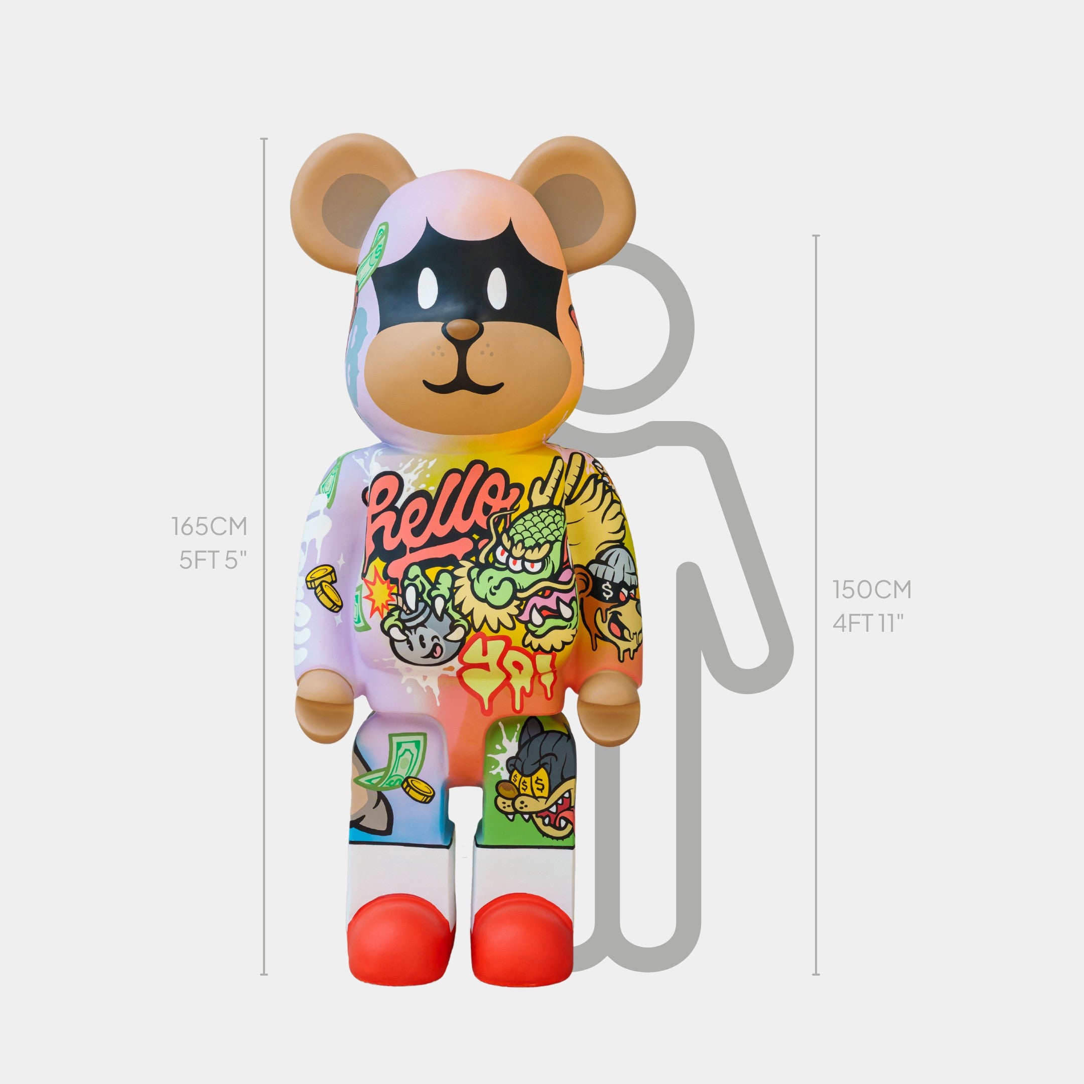 The Giant Sculptures Lucky Paws Bear Sculpture - 165cm, a limited edition inspired by Thai street art, features vibrant designs and stands next to a height chart. At 165 cm (5 ft 5 in), it is taller than the nearby 150 cm (4 ft 11 in) silhouette.