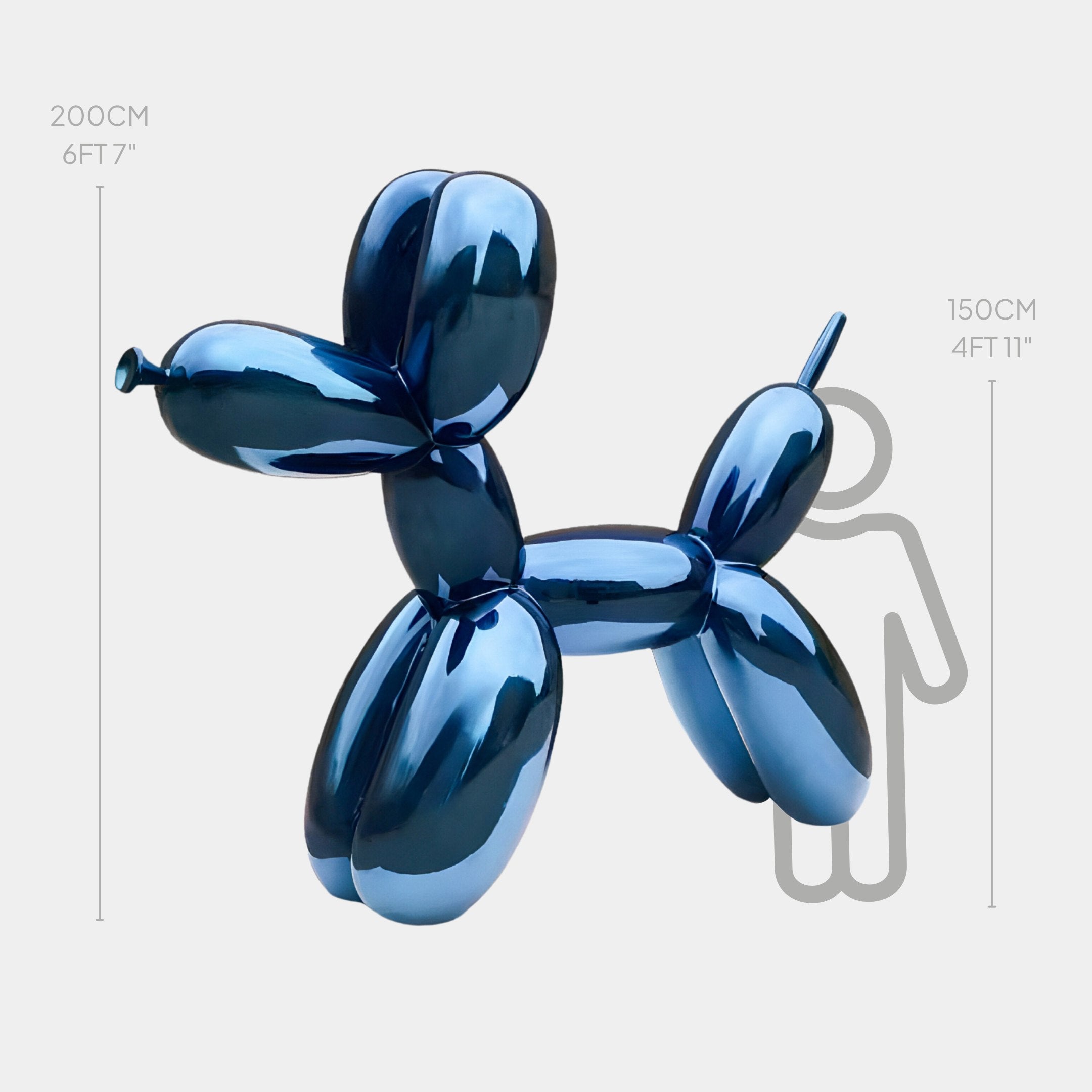 The Sapphire Blue Balloon Dog Sculpture by Giant Sculptures stands 200 cm tall beside a 150 cm gray silhouette. This glossy, statement-making contemporary decor piece redefines scale and captivates with its measurements in feet and inches.