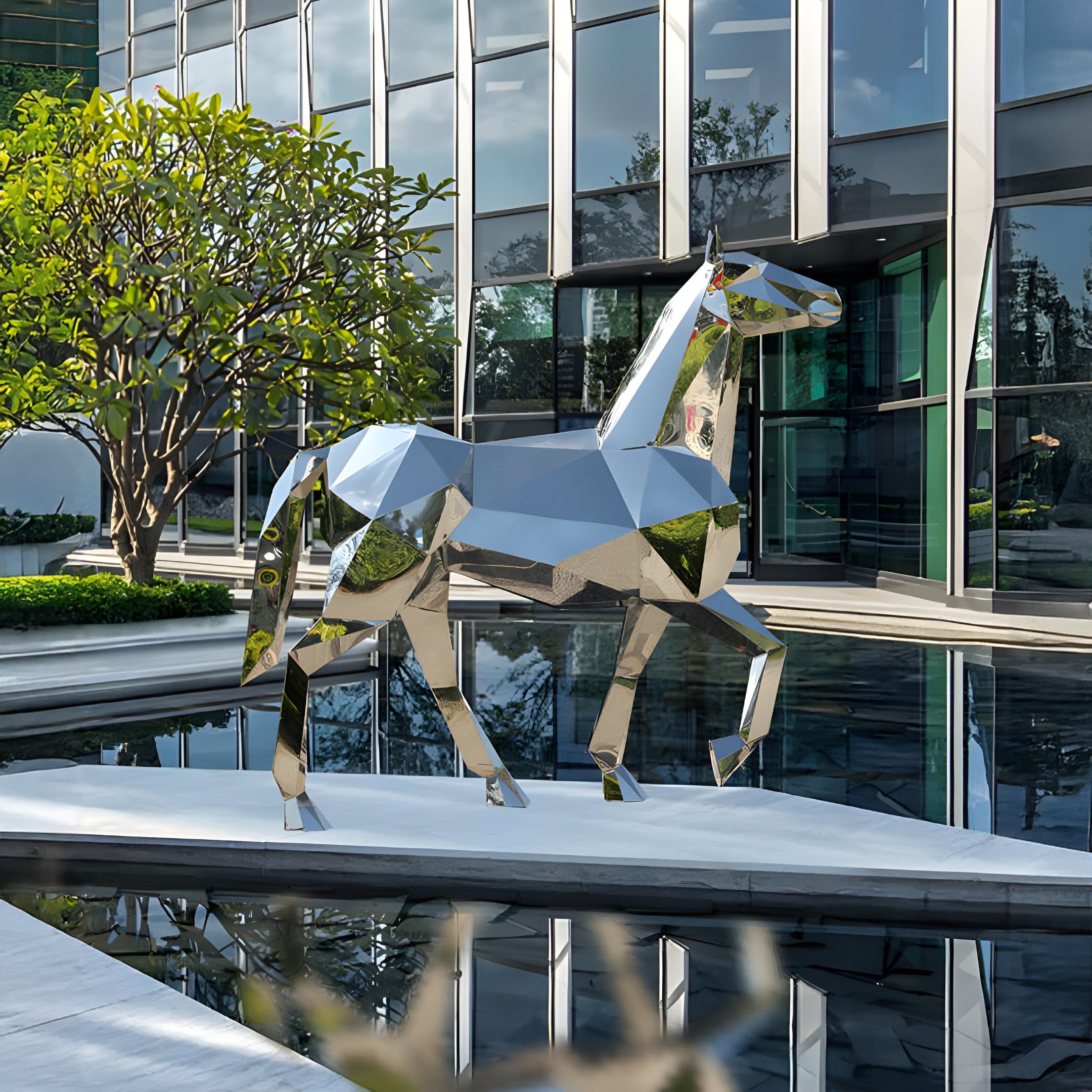 Full view of the geometric horse sculpture near a modern architectural building with large glass windows and a reflective pond, showing the dynamic pose and angles of the sculpture.