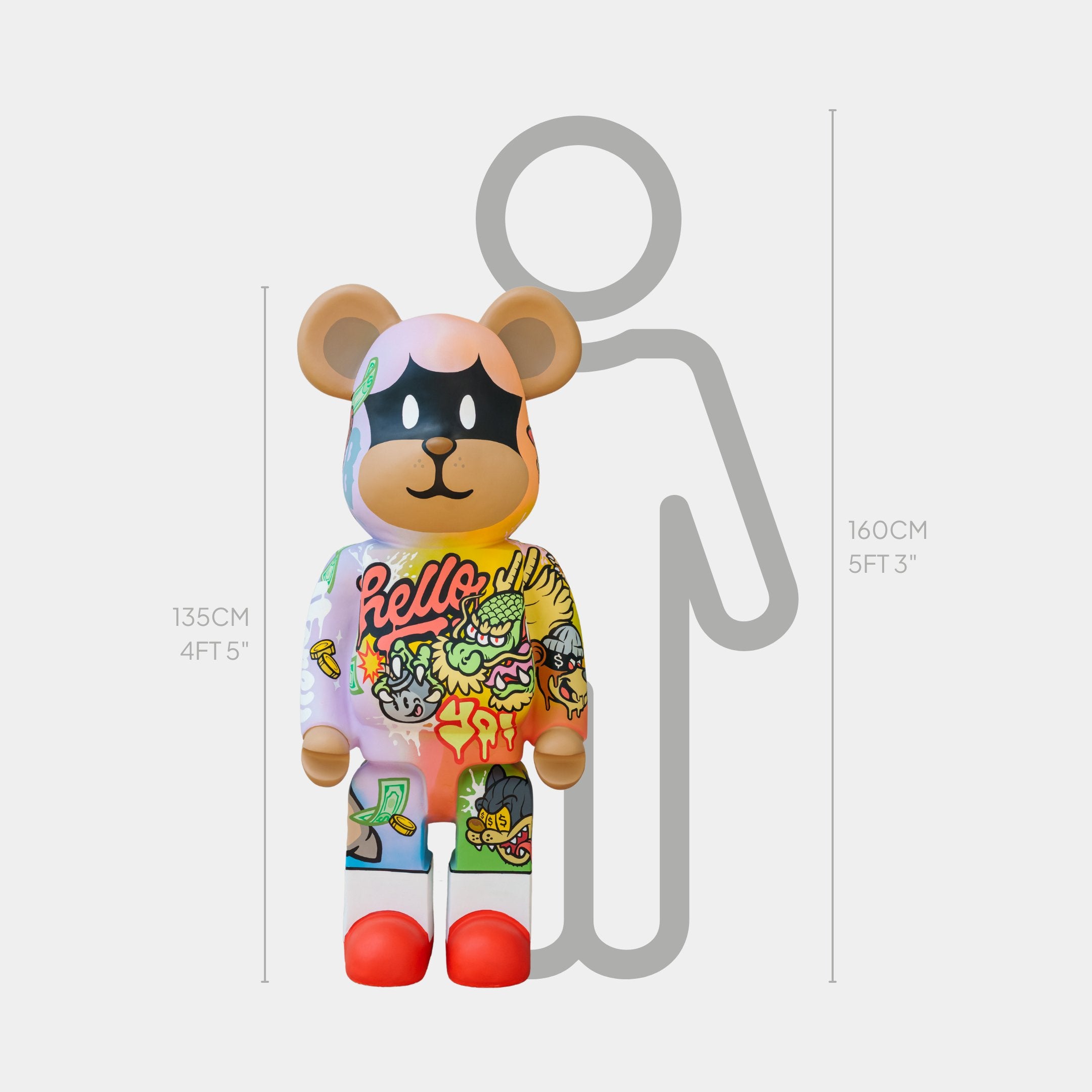 The Giant Sculptures Lucky Paws Bear Sculpture stands 135 cm tall and features vibrant street art on its bear-shaped form. Next to a 160 cm gray silhouette of a person, it symbolizes prosperity and protection with bold designs and a neutral expression that invites admiration.