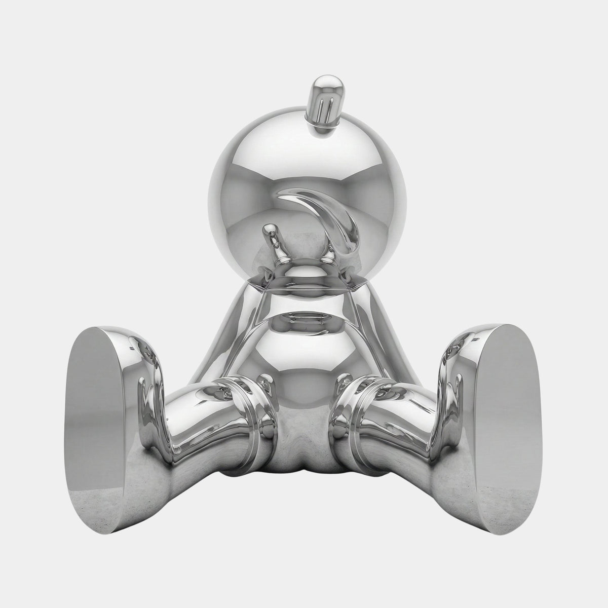 Silver Mirror-Polished Giant Bear Stainless Steel Sculpture, 197cm, seated pose with chrome finish, shown front-facing on a plain white background.