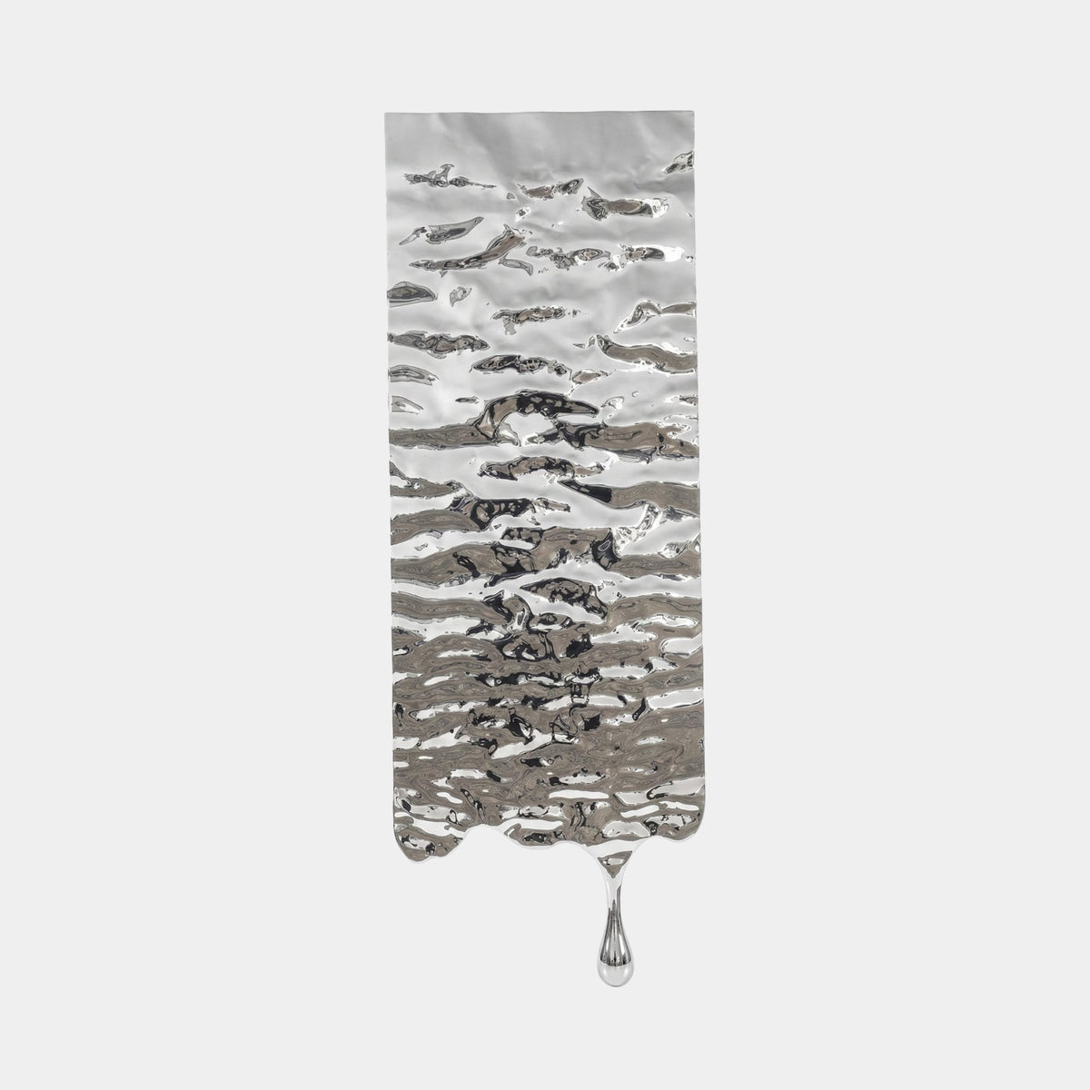 Silver Rippled Wave Panel Stainless Steel Sculpture, 185cm, mirror-polished with a single droplet below the rippled surface, shown against a plain light grey background.