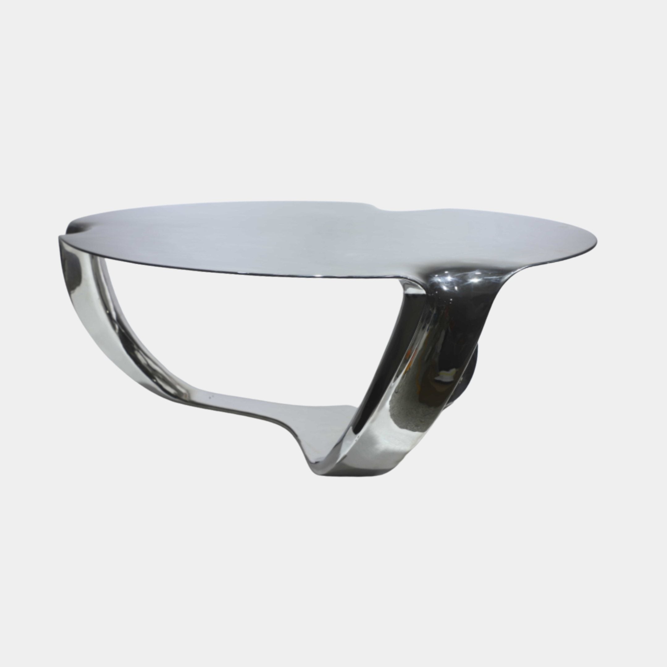 Silver Mirror-Polished Sculptural Coffee Table in stainless steel, 120cm, with curved sculpted base on a plain white background.