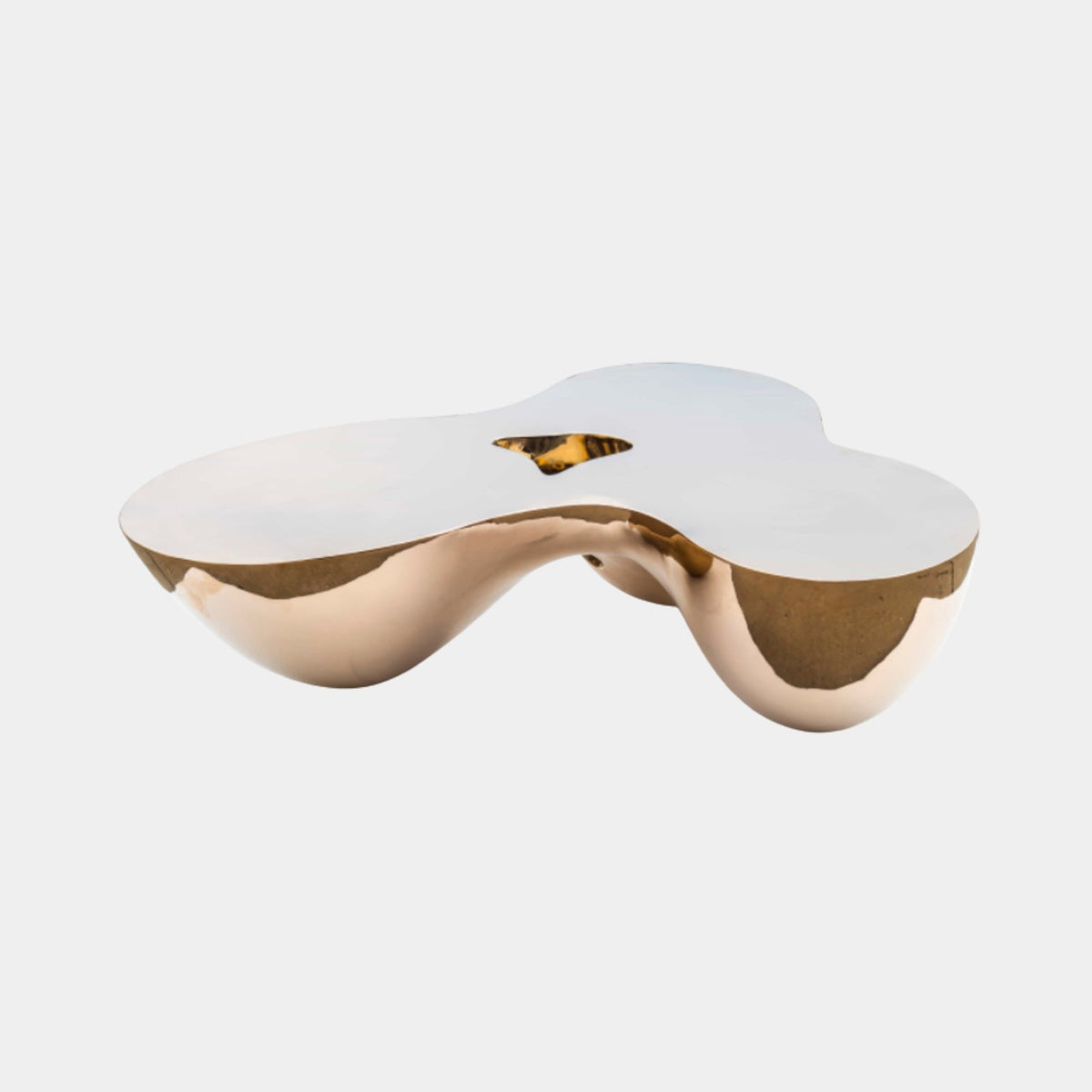 Rose Gold and White Organic Table Stainless Steel Sculpture (150cm) by Giant Sculptures, curved organic form with cutout detail, on a plain white background.