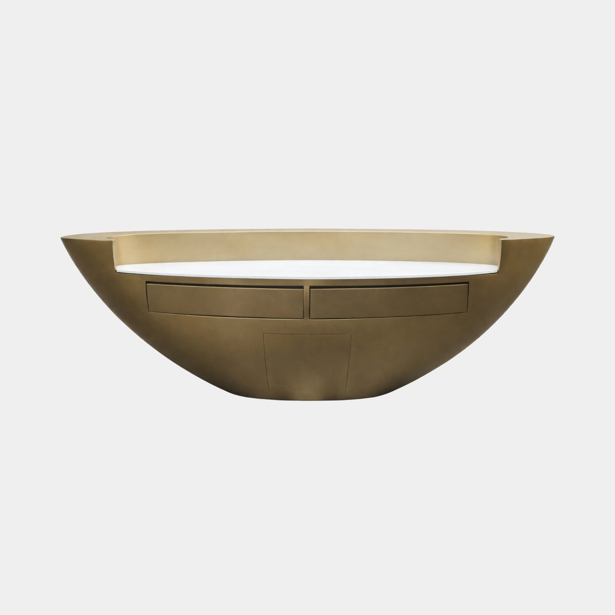 Gold Console Stainless Steel Sculpture - 280cm, bowl-shaped console with gold finish, white marble top, and built-in drawers, shown on a plain white background.